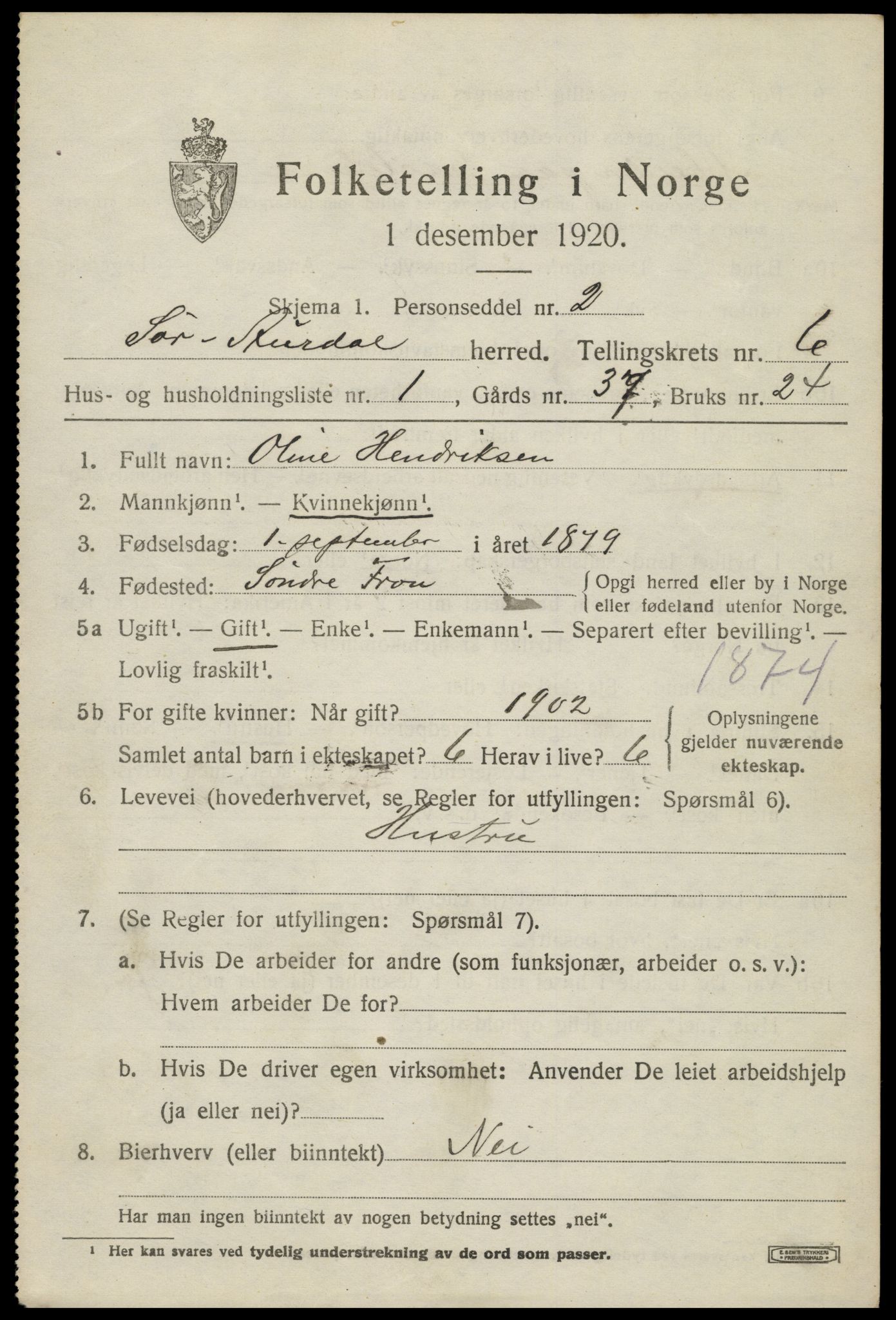 SAH, 1920 census for Sør-Aurdal, 1920, p. 2897