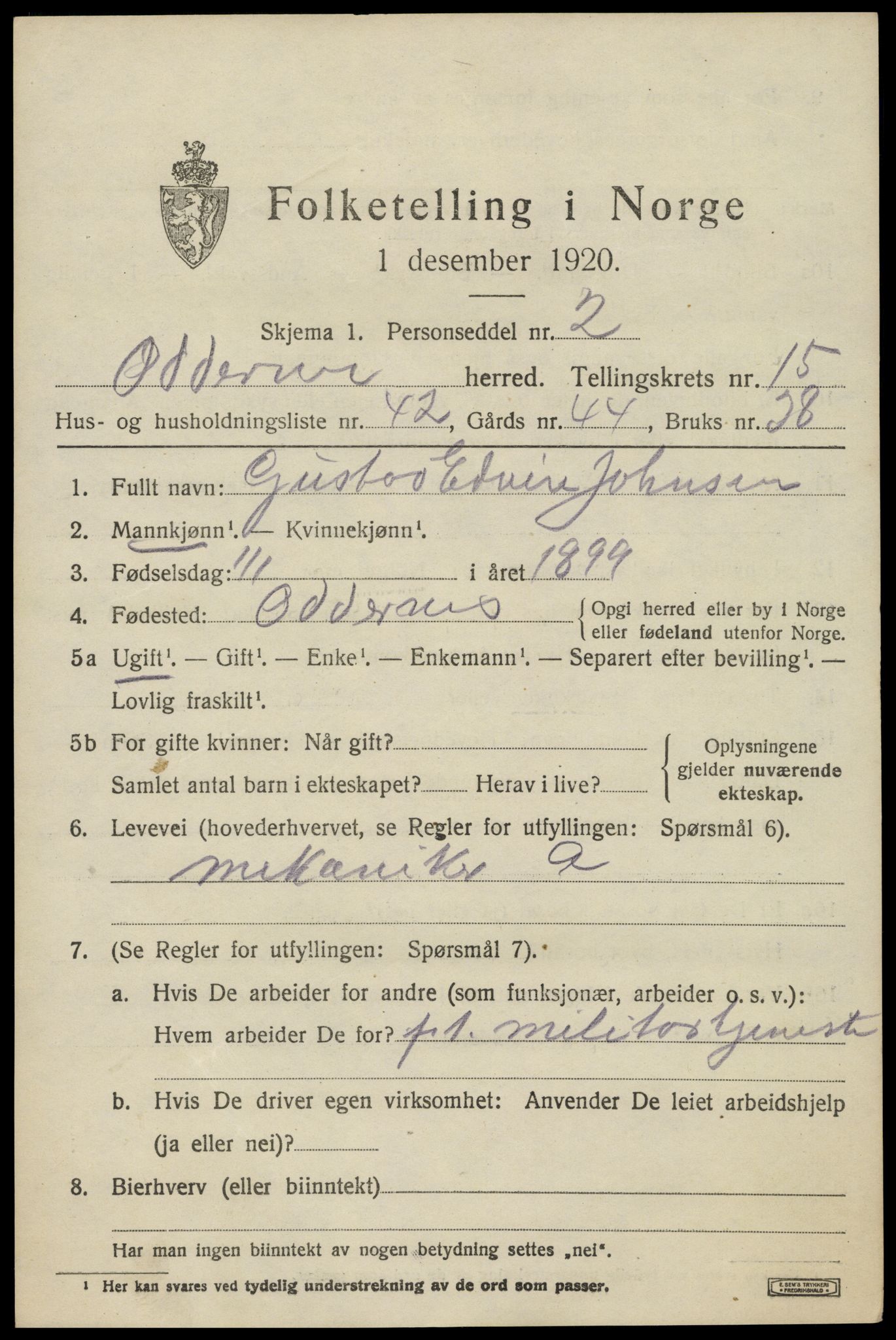 SAK, 1920 census for Oddernes, 1920, p. 10481