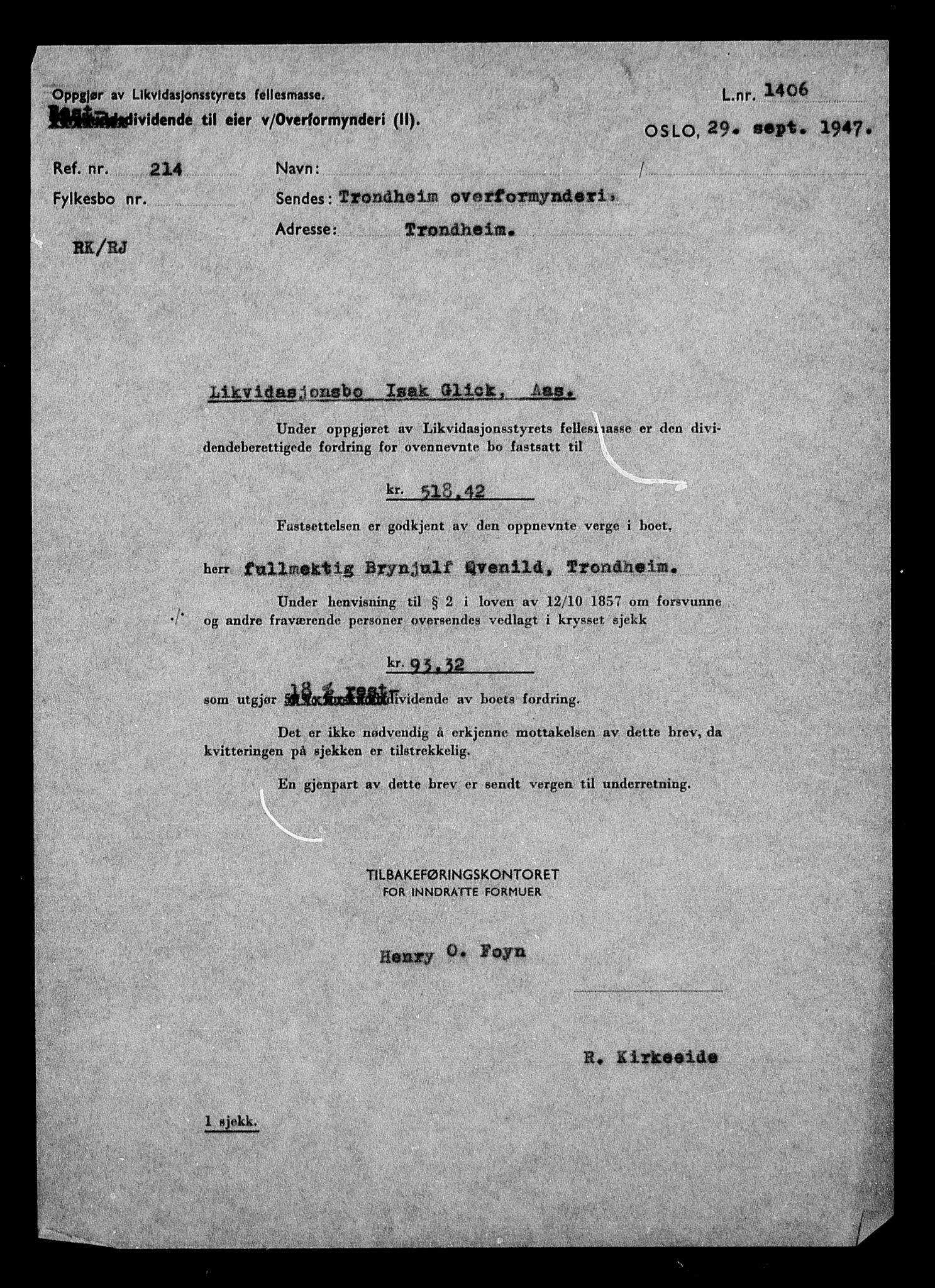 Justisdepartementet, Tilbakeføringskontoret for inndratte formuer, AV/RA-S-1564/H/Hc/Hcc/L0938: --, 1945-1947, p. 3