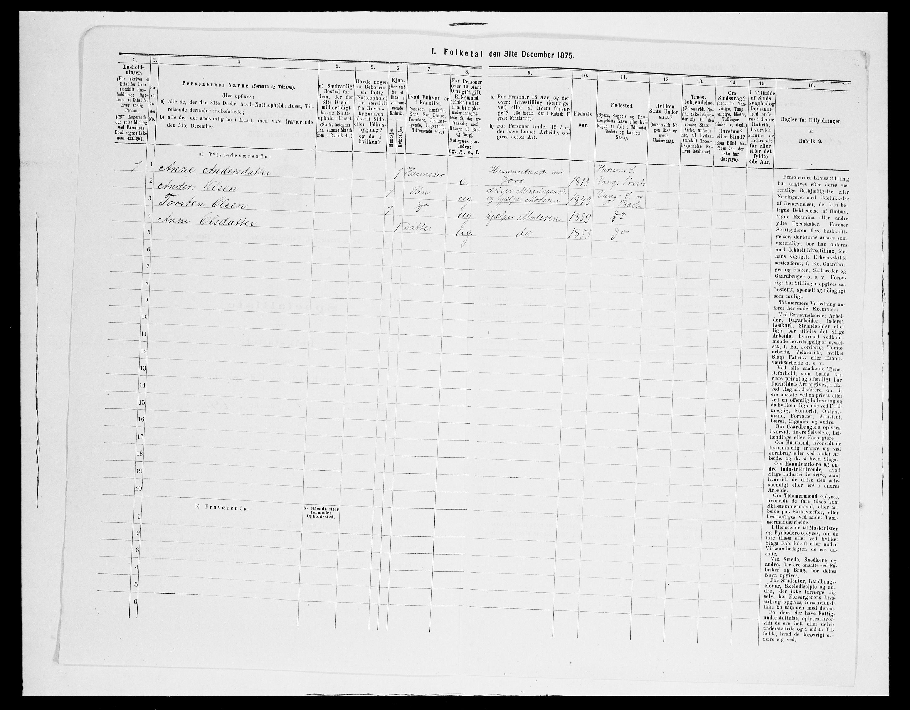 SAH, 1875 census for 0545P Vang, 1875, p. 258
