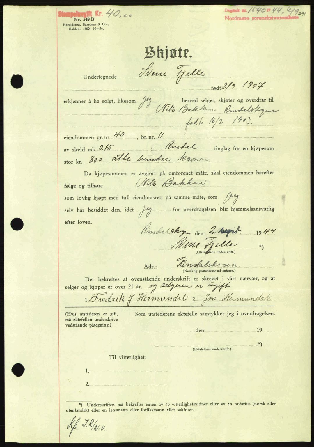 Nordmøre sorenskriveri, AV/SAT-A-4132/1/2/2Ca: Mortgage book no. A98, 1944-1944, Diary no: : 1540/1944