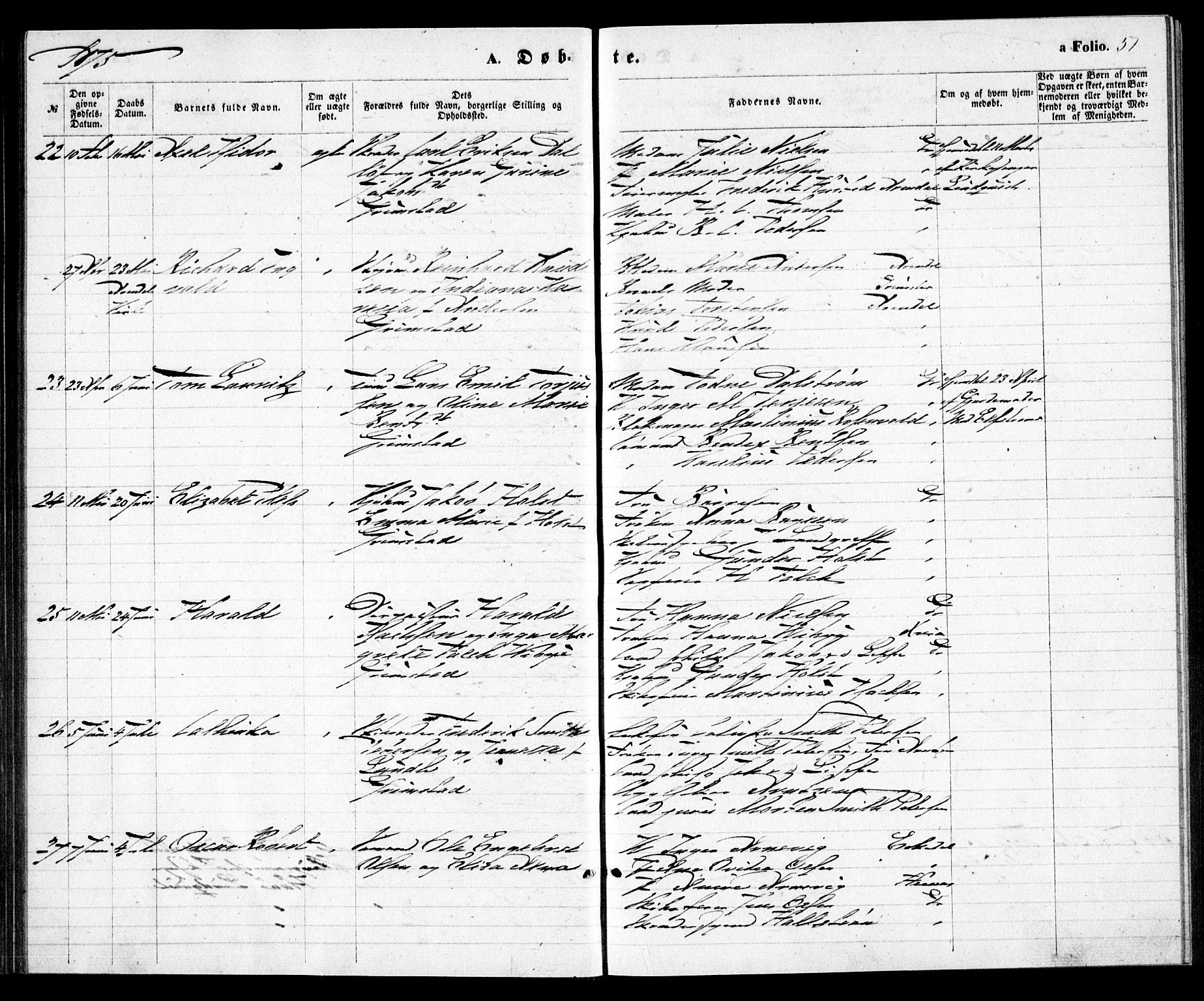 Grimstad sokneprestkontor, SAK/1111-0017/F/Fa/L0002: Parish register (official) no. A 1, 1869-1881, p. 51