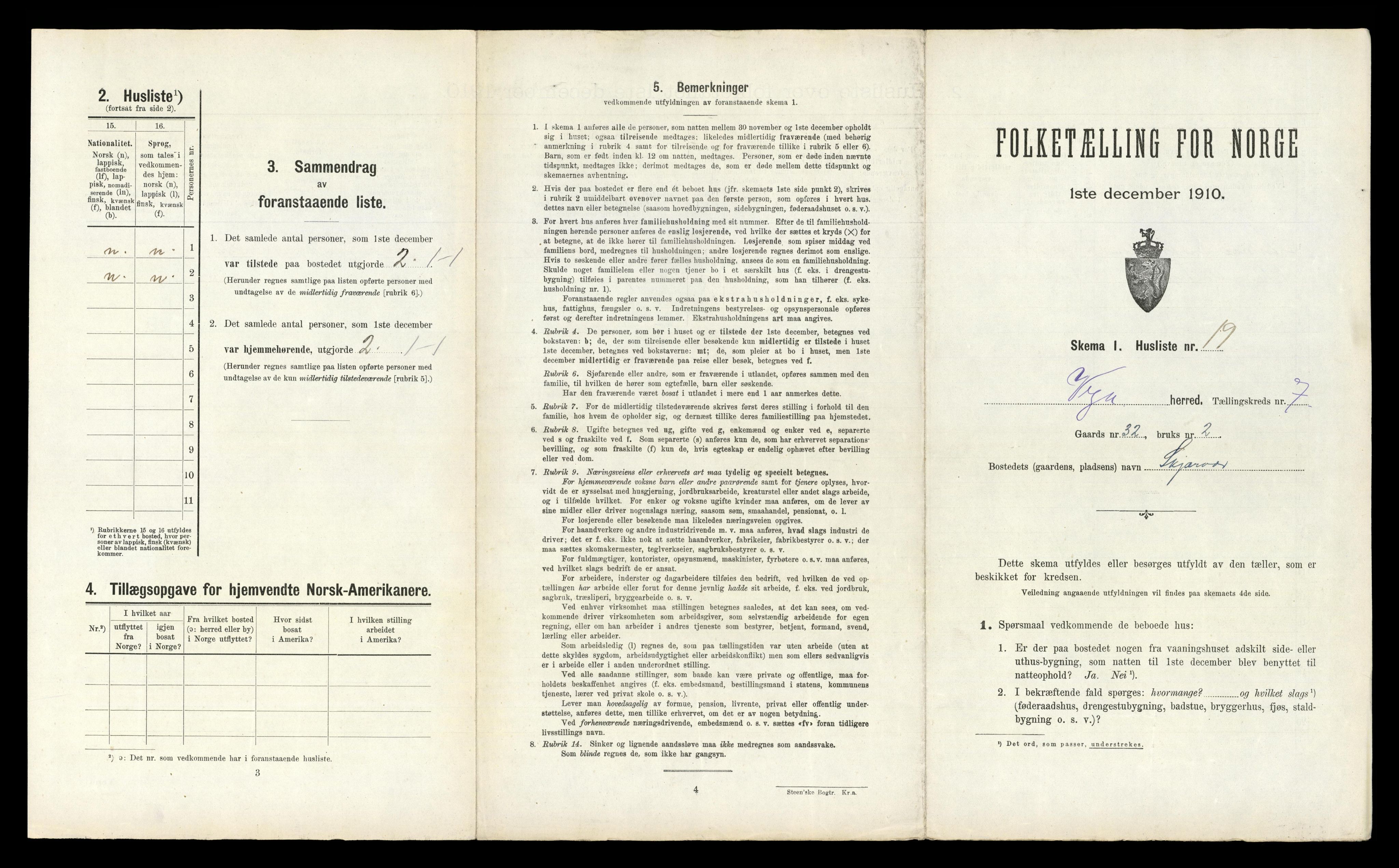 RA, 1910 census for Vega, 1910, p. 722