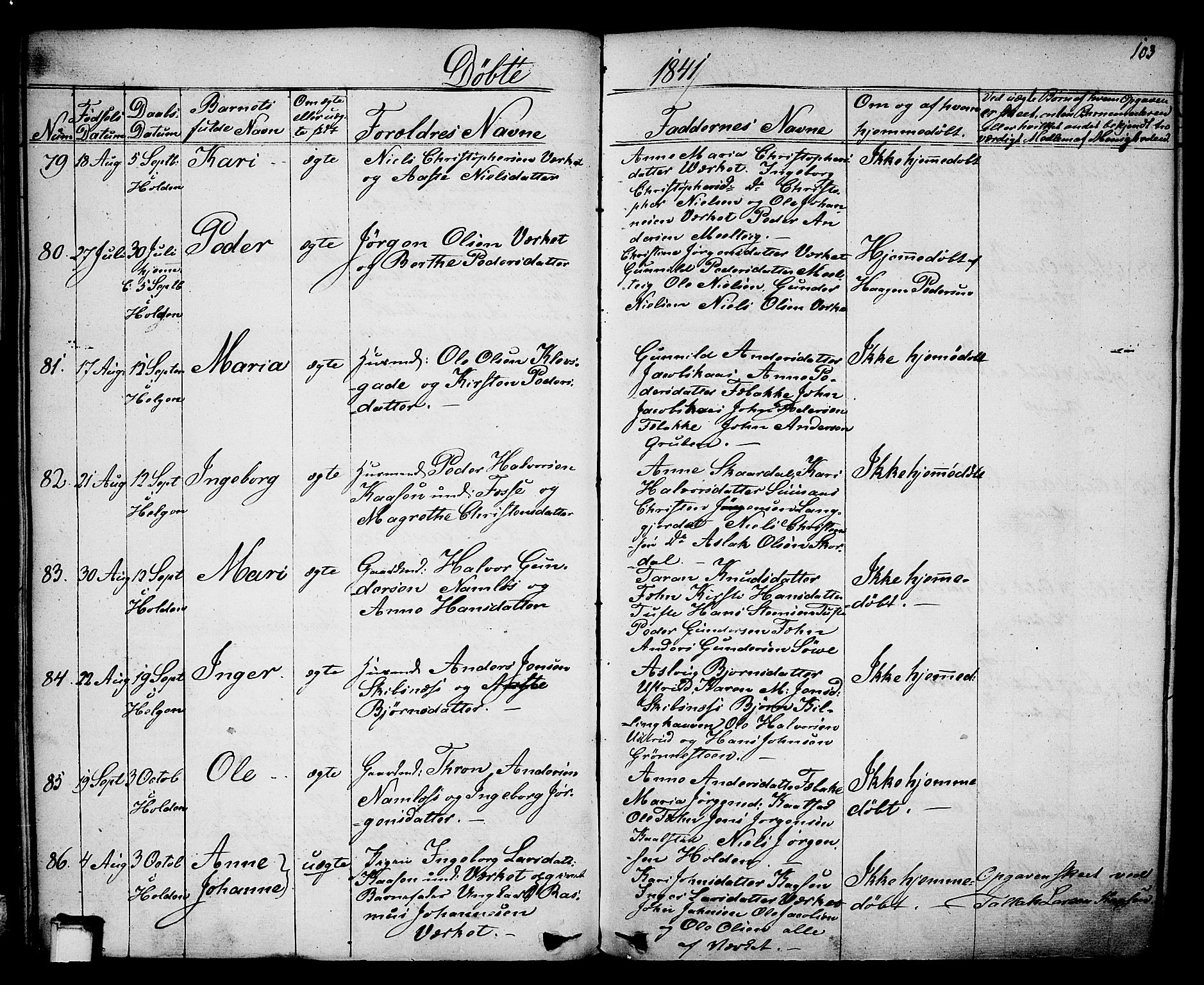 Holla kirkebøker, SAKO/A-272/F/Fa/L0004: Parish register (official) no. 4, 1830-1848, p. 103