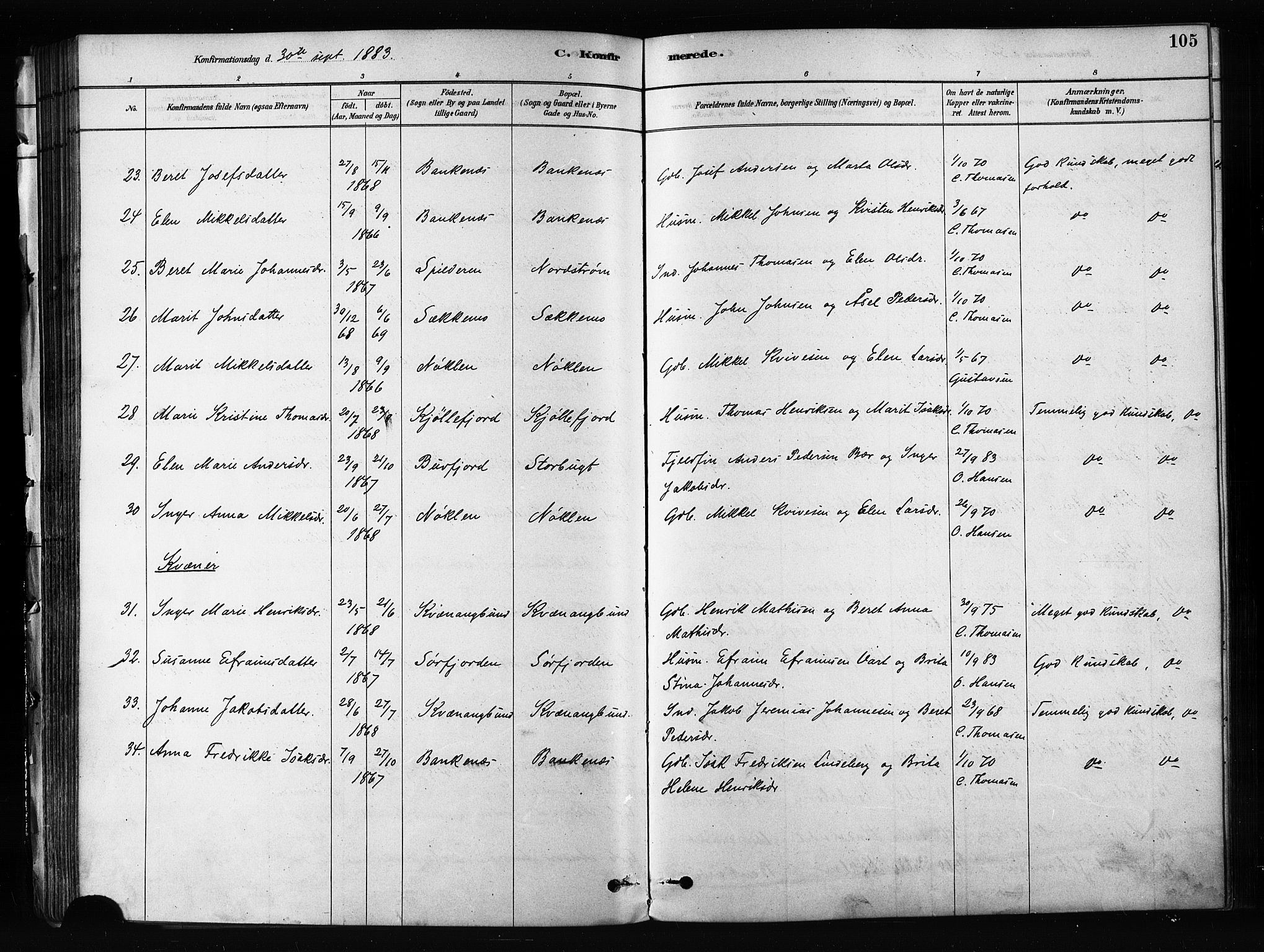 Skjervøy sokneprestkontor, AV/SATØ-S-1300/H/Ha/Haa/L0012kirke: Parish register (official) no. 12, 1878-1891, p. 105