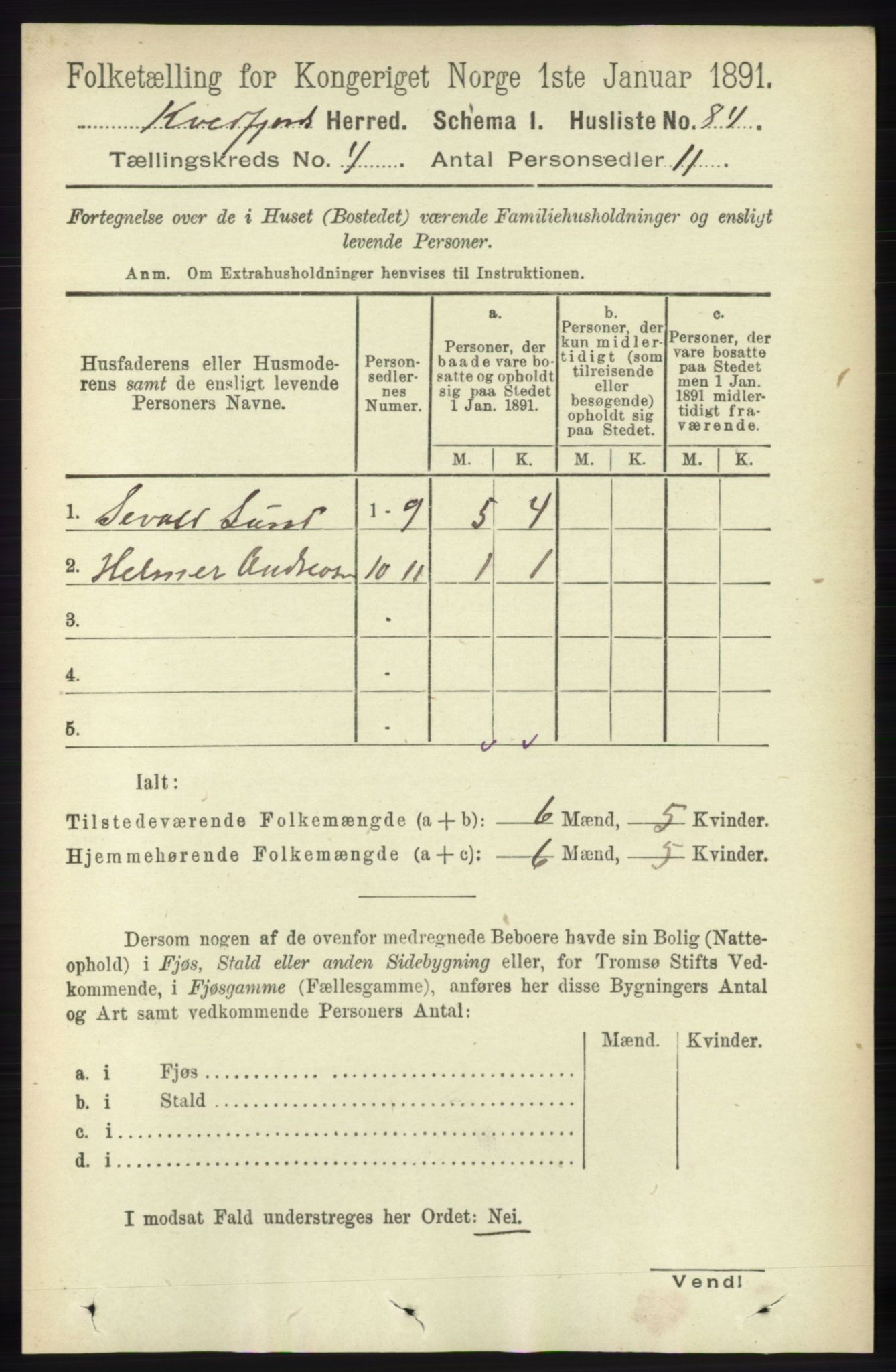 RA, 1891 census for 1911 Kvæfjord, 1891, p. 1834