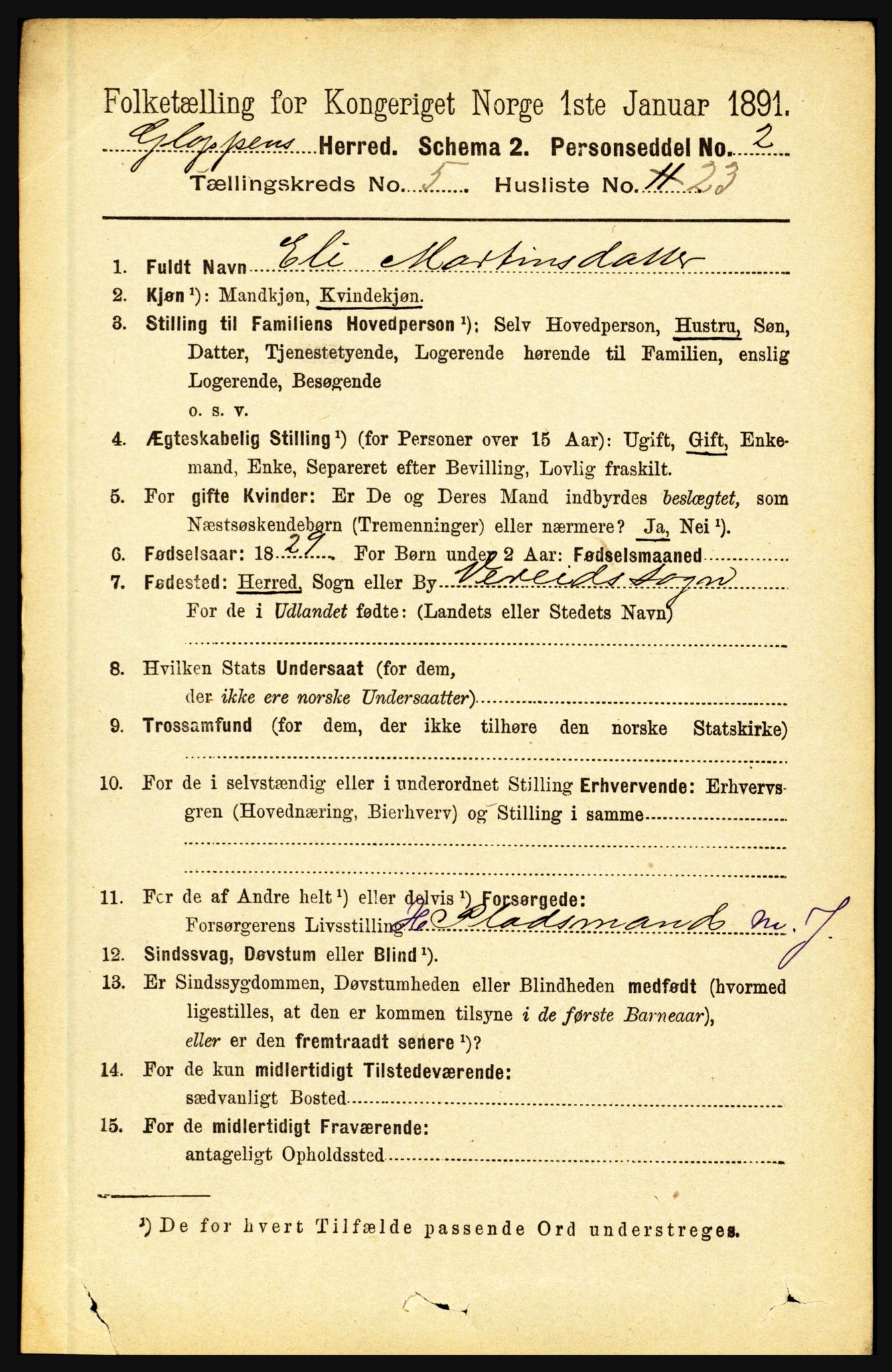 RA, 1891 census for 1445 Gloppen, 1891, p. 2207