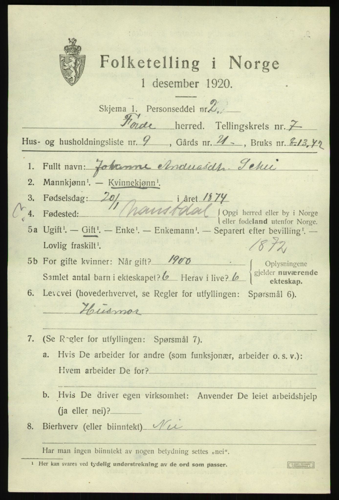 SAB, 1920 census for Førde, 1920, p. 2486