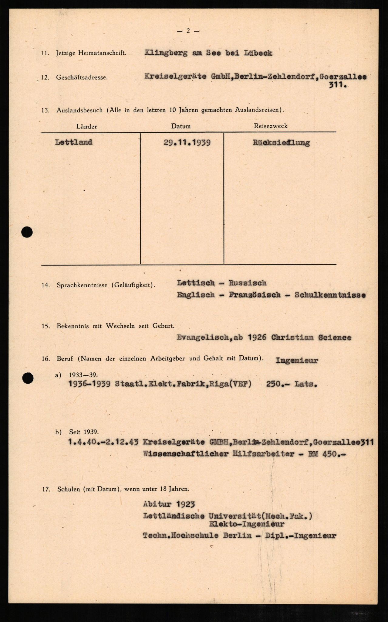 Forsvaret, Forsvarets overkommando II, AV/RA-RAFA-3915/D/Db/L0008: CI Questionaires. Tyske okkupasjonsstyrker i Norge. Tyskere., 1945-1946, p. 20