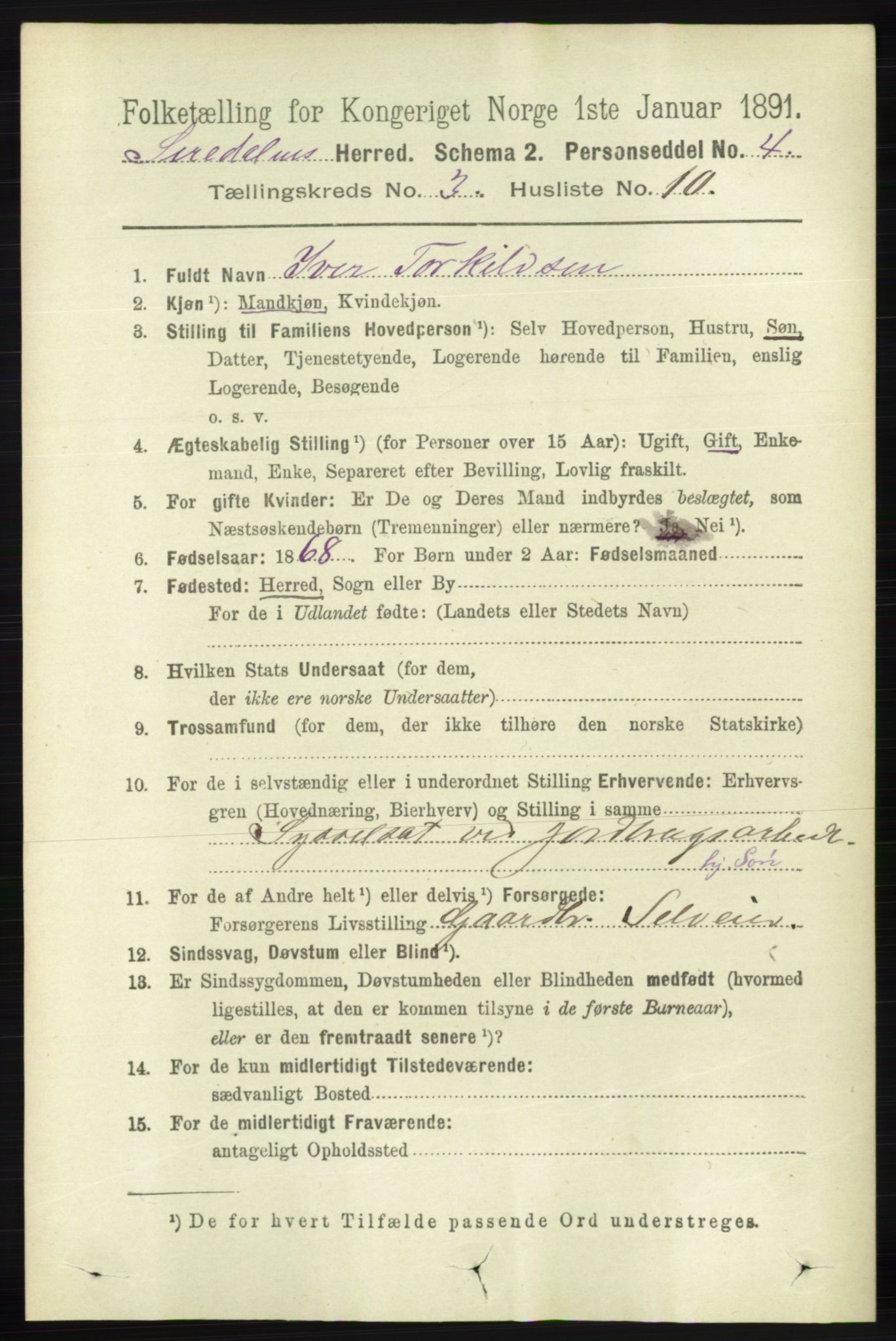 RA, 1891 census for 1046 Sirdal, 1891, p. 725