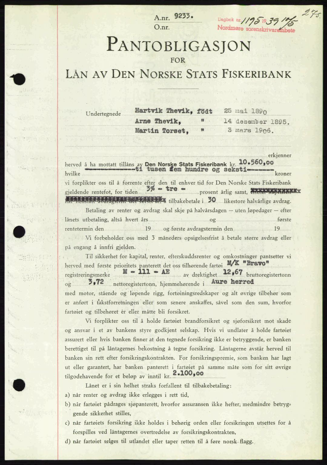 Nordmøre sorenskriveri, AV/SAT-A-4132/1/2/2Ca: Mortgage book no. B85, 1939-1939, Diary no: : 1195/1939