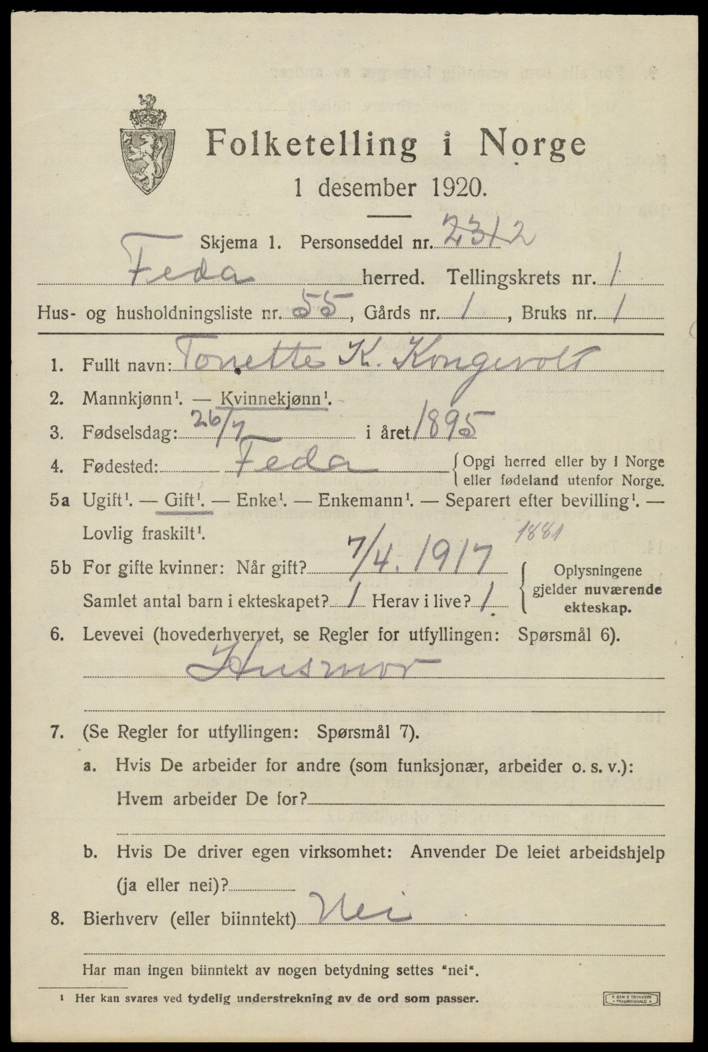 SAK, 1920 census for Feda, 1920, p. 915