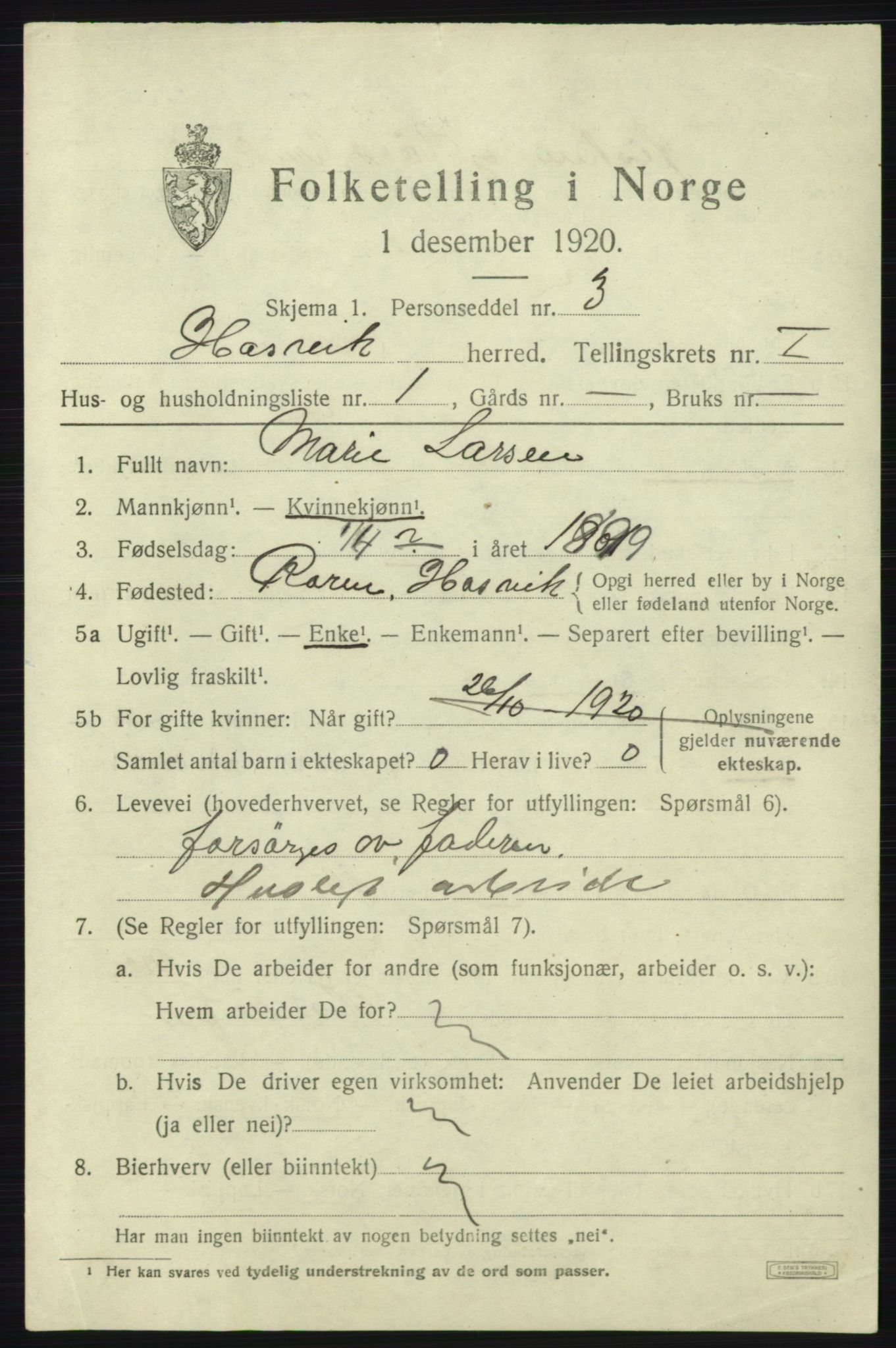 SATØ, 1920 census for Hasvik, 1920, p. 507