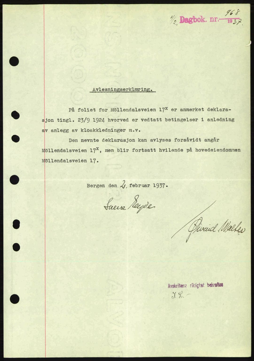 Byfogd og Byskriver i Bergen, SAB/A-3401/03/03Bc/L0004: Mortgage book no. A3-4, 1936-1937, Diary no: : 968/1937