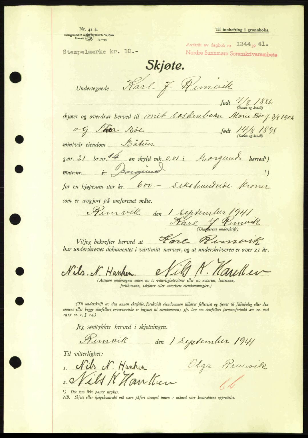 Nordre Sunnmøre sorenskriveri, AV/SAT-A-0006/1/2/2C/2Ca: Mortgage book no. A11, 1941-1941, Diary no: : 1344/1941