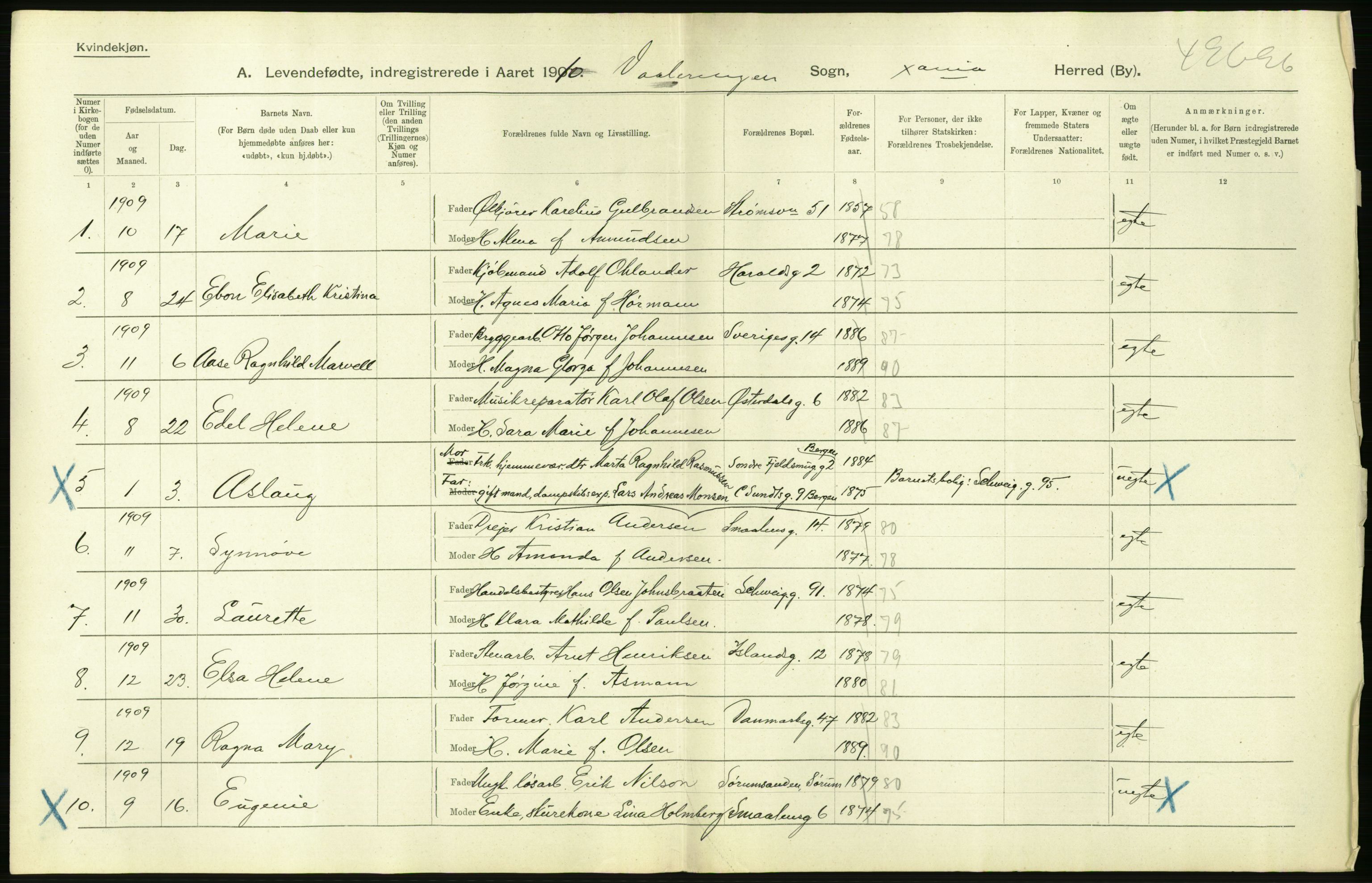 Statistisk sentralbyrå, Sosiodemografiske emner, Befolkning, RA/S-2228/D/Df/Dfa/Dfah/L0007: Kristiania: Levendefødte kvinner., 1910, p. 140