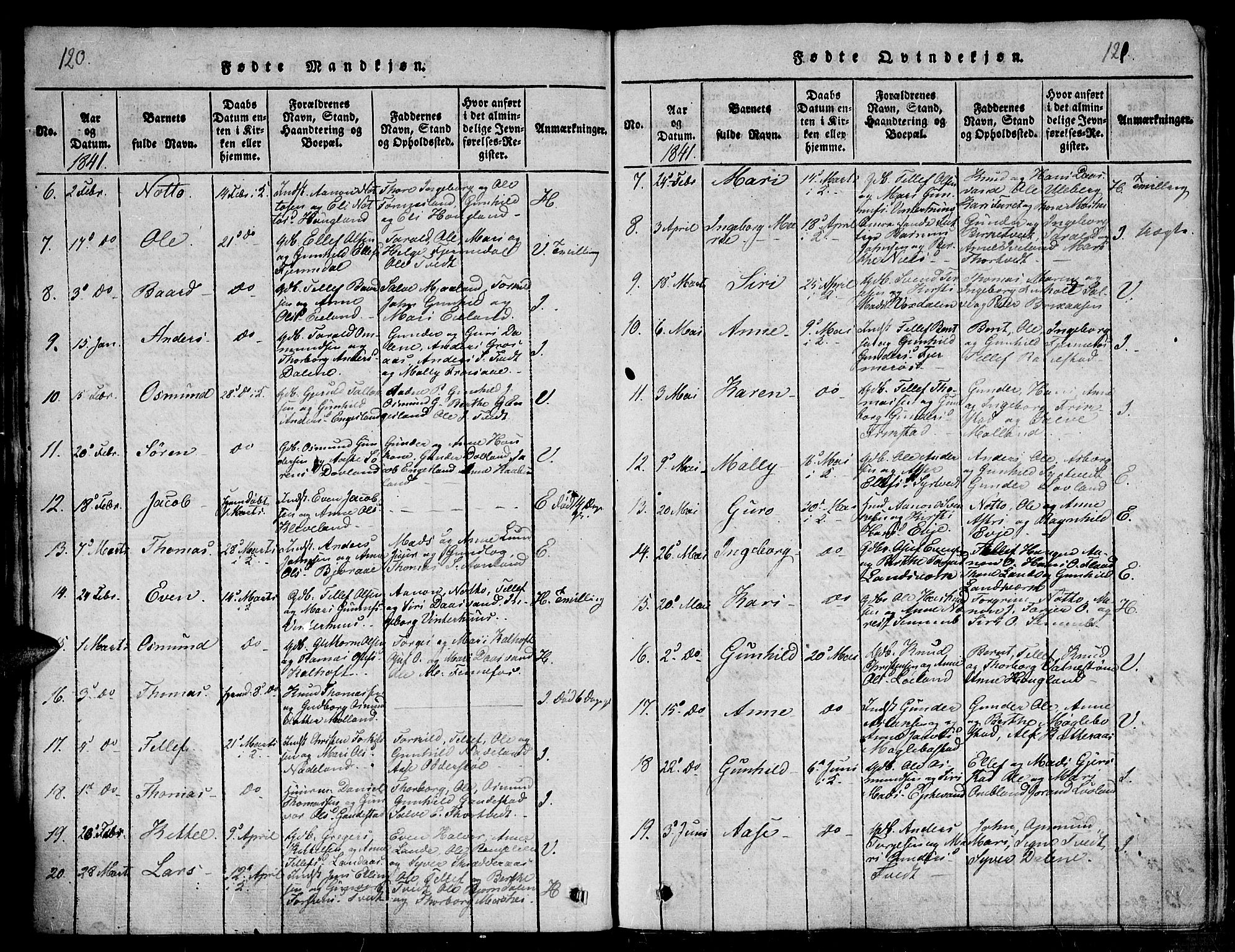 Evje sokneprestkontor, SAK/1111-0008/F/Fb/Fba/L0001: Parish register (copy) no. B 1, 1816-1842, p. 120-121