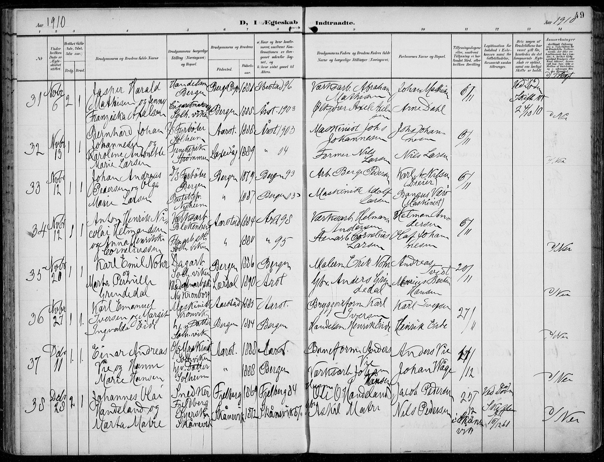 Årstad Sokneprestembete, AV/SAB-A-79301/H/Haa/L0009: Parish register (official) no. C 1, 1902-1918, p. 49