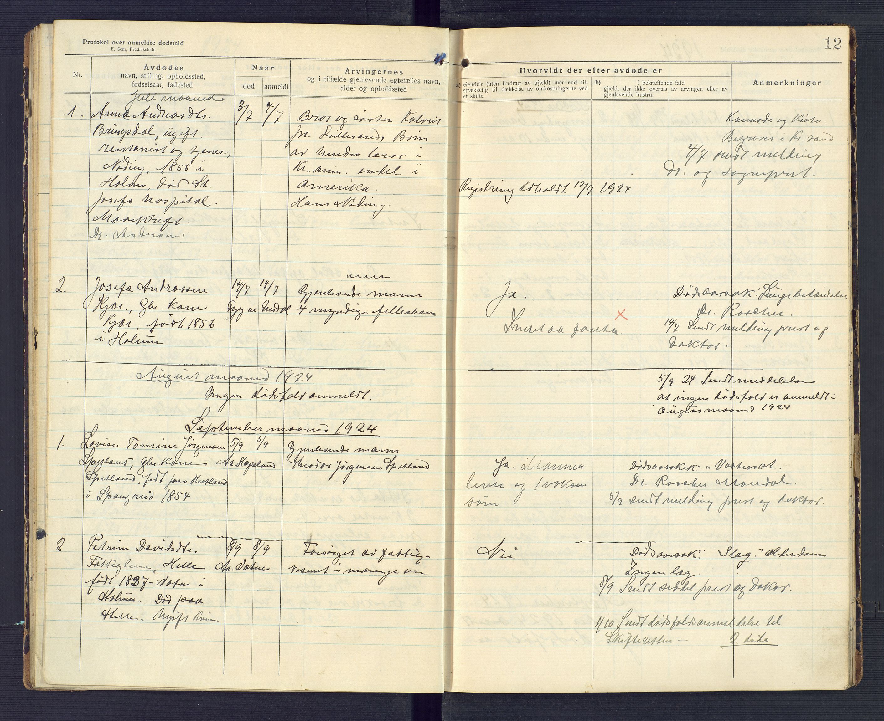 Holum lensmannskontor, SAK/1241-0022/F/Fe/L0002: Anmeldte dødsfall nr 22, 1922-1932, p. 12