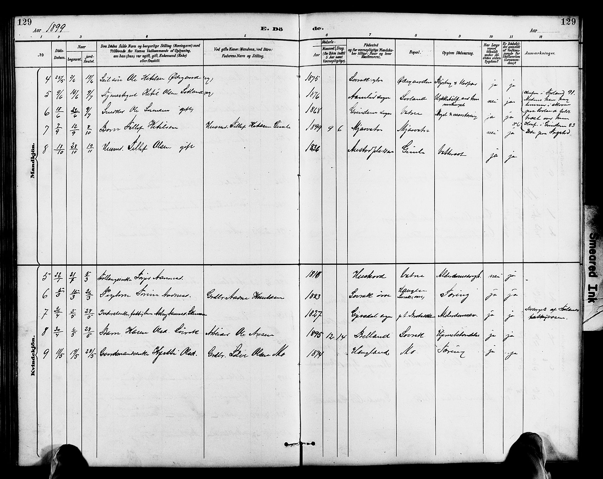 Herefoss sokneprestkontor, AV/SAK-1111-0019/F/Fb/Fbc/L0003: Parish register (copy) no. B 3, 1887-1915, p. 129