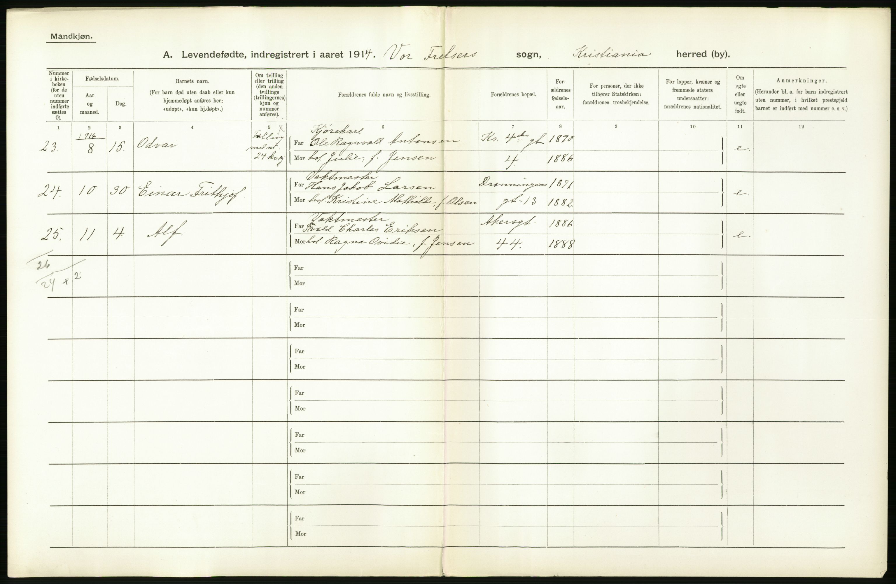 Statistisk sentralbyrå, Sosiodemografiske emner, Befolkning, RA/S-2228/D/Df/Dfb/Dfbd/L0006: Kristiania: Levendefødte menn og kvinner., 1914, p. 46