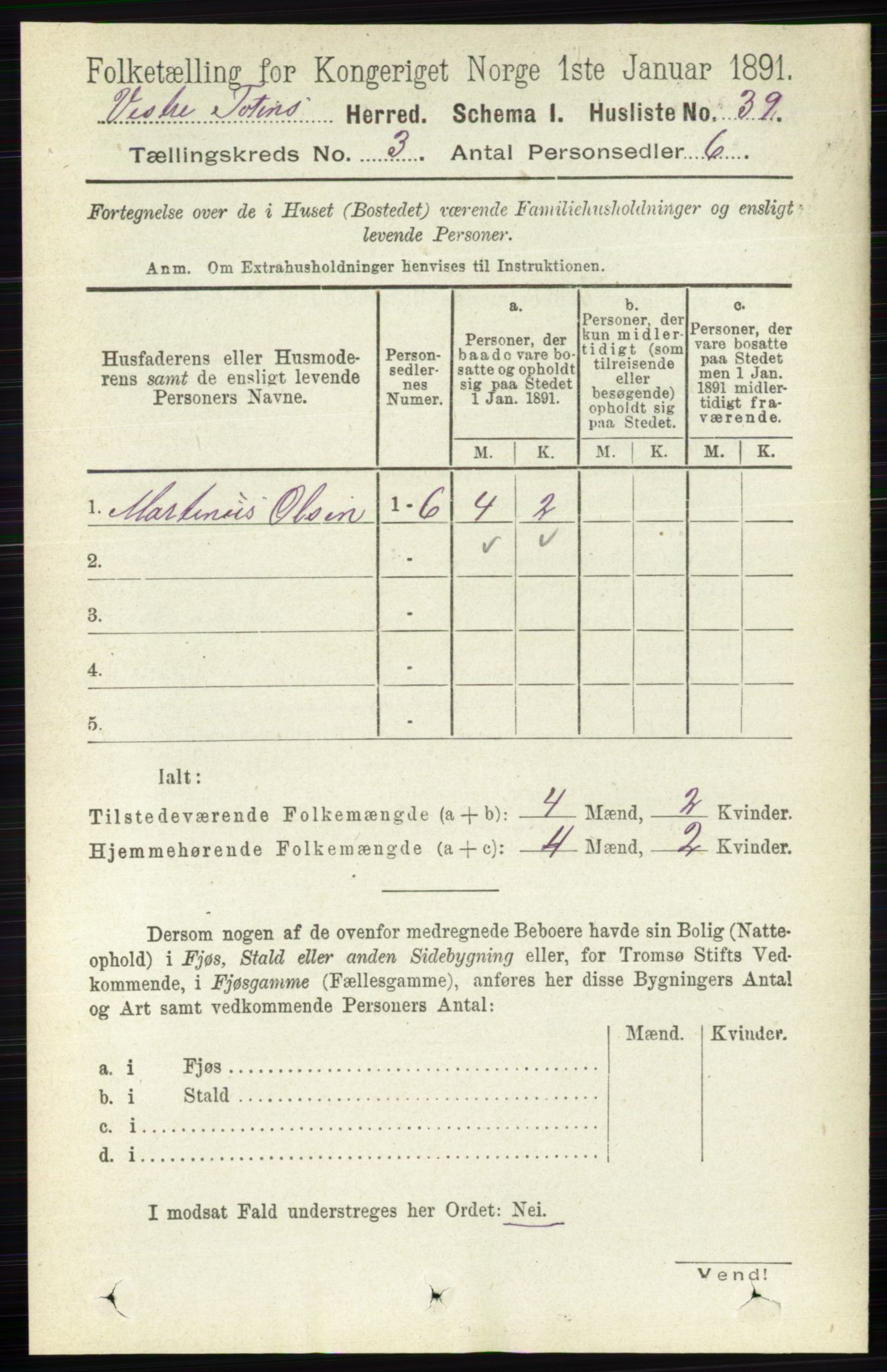 RA, 1891 census for 0529 Vestre Toten, 1891, p. 1903