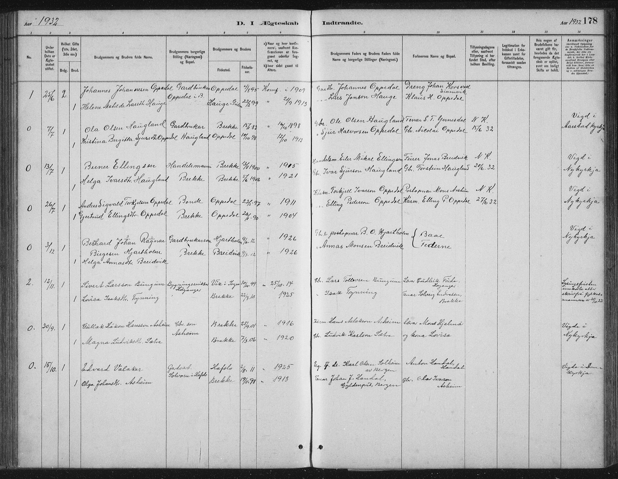 Gulen sokneprestembete, SAB/A-80201/H/Hab/Habc/L0002: Parish register (copy) no. C 2, 1880-1938, p. 178