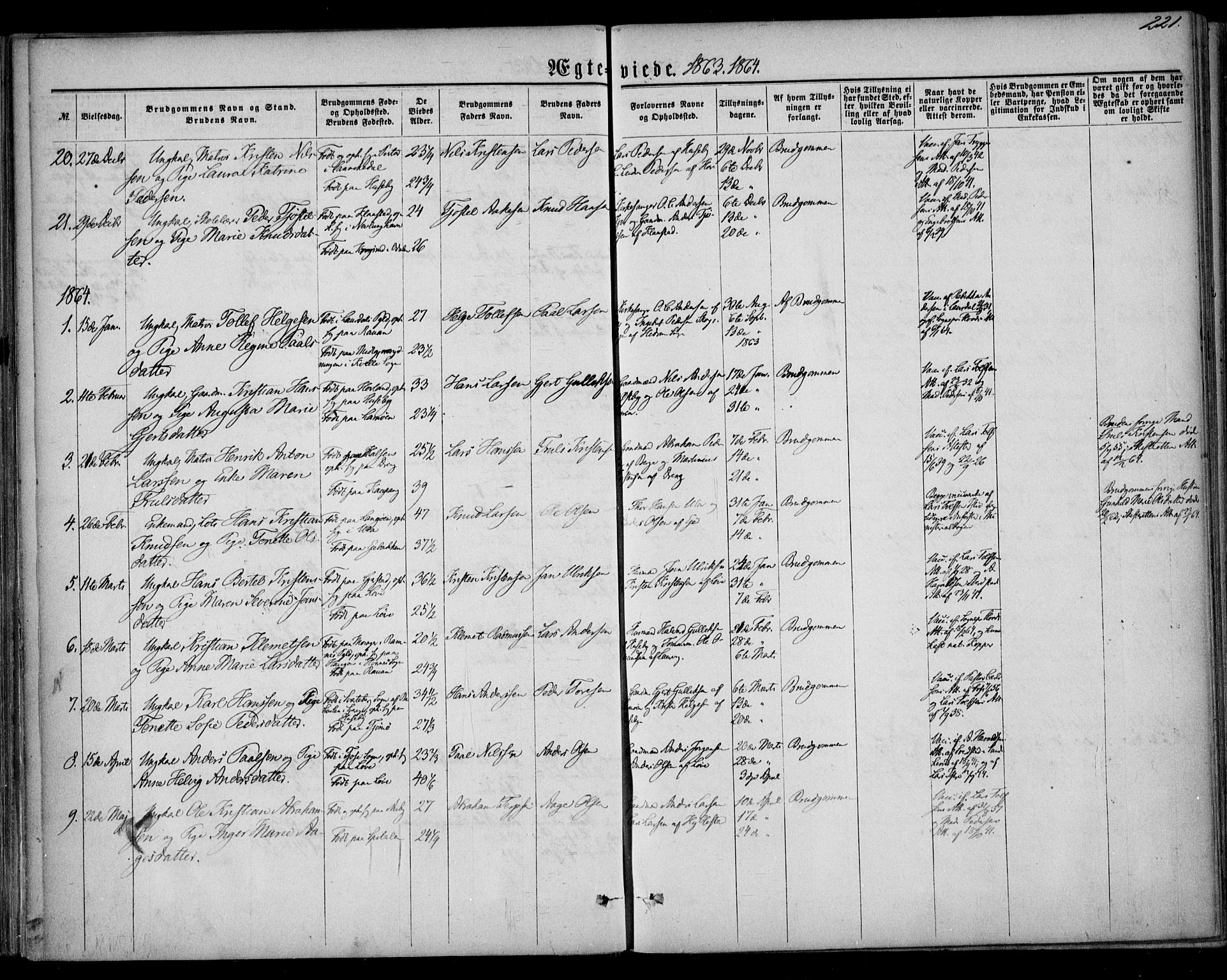 Tjølling kirkebøker, AV/SAKO-A-60/F/Fa/L0007: Parish register (official) no. 7, 1860-1876, p. 221