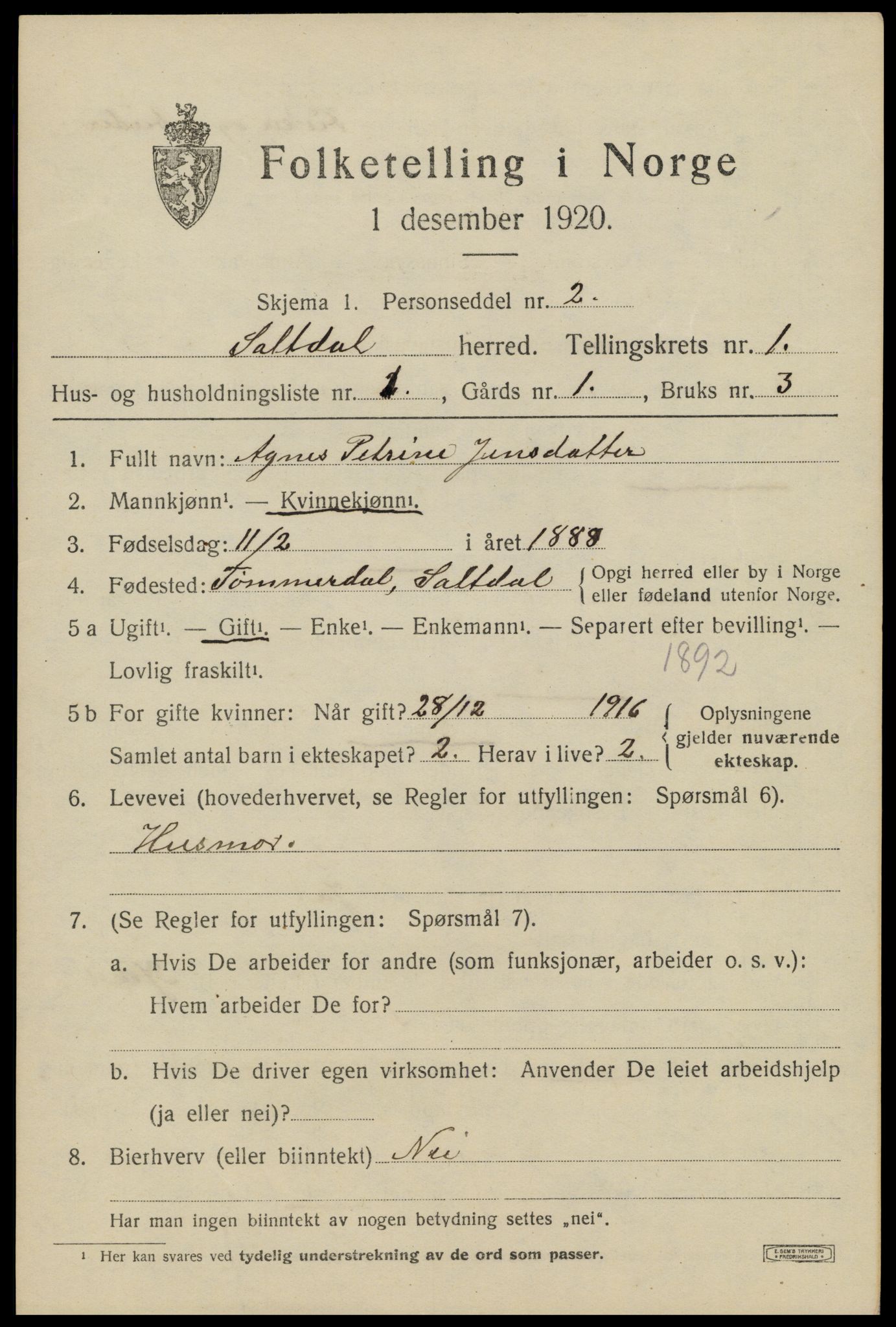 SAT, 1920 census for Saltdal, 1920, p. 1237