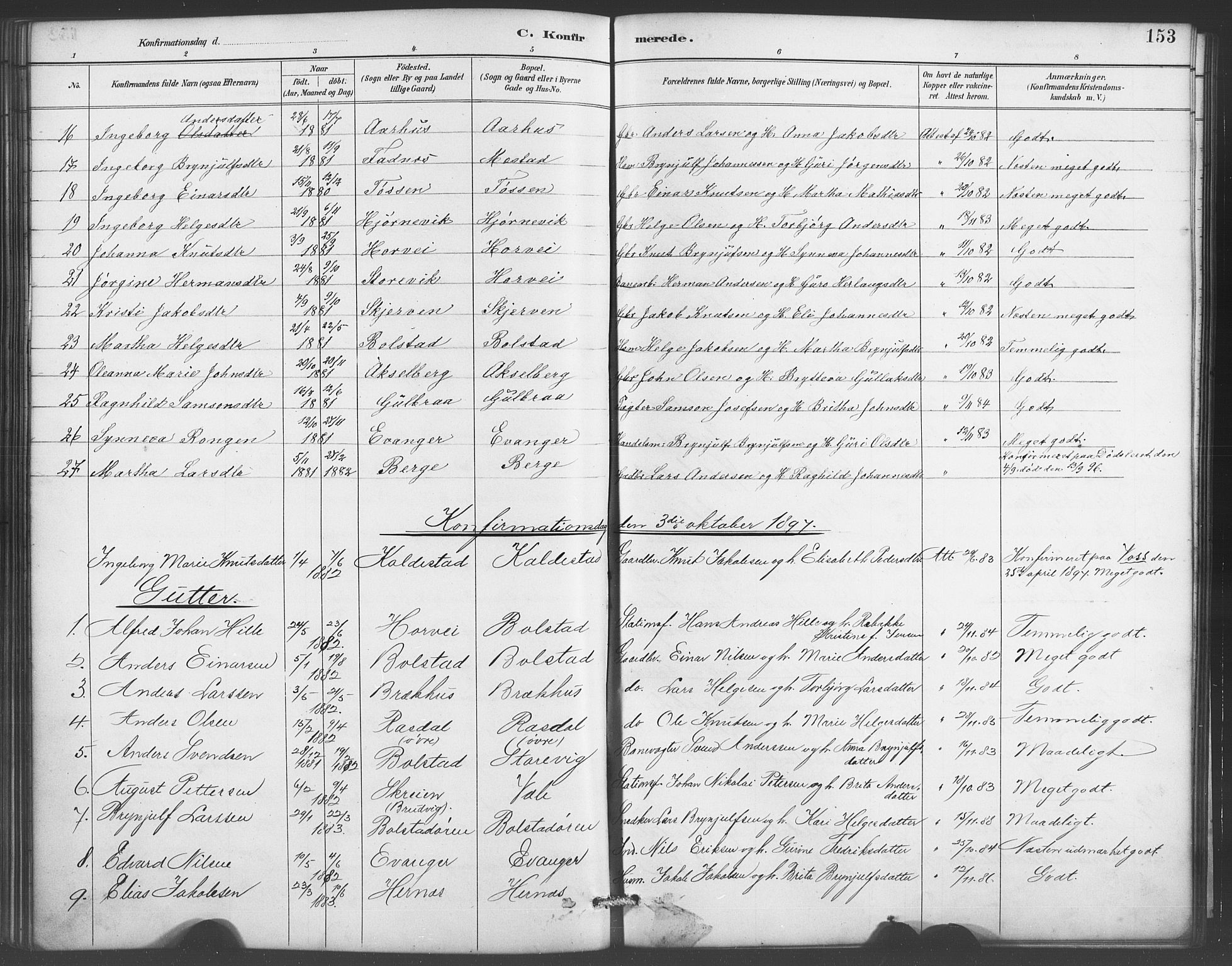 Evanger sokneprestembete, SAB/A-99924: Parish register (copy) no. A 4, 1887-1897, p. 153