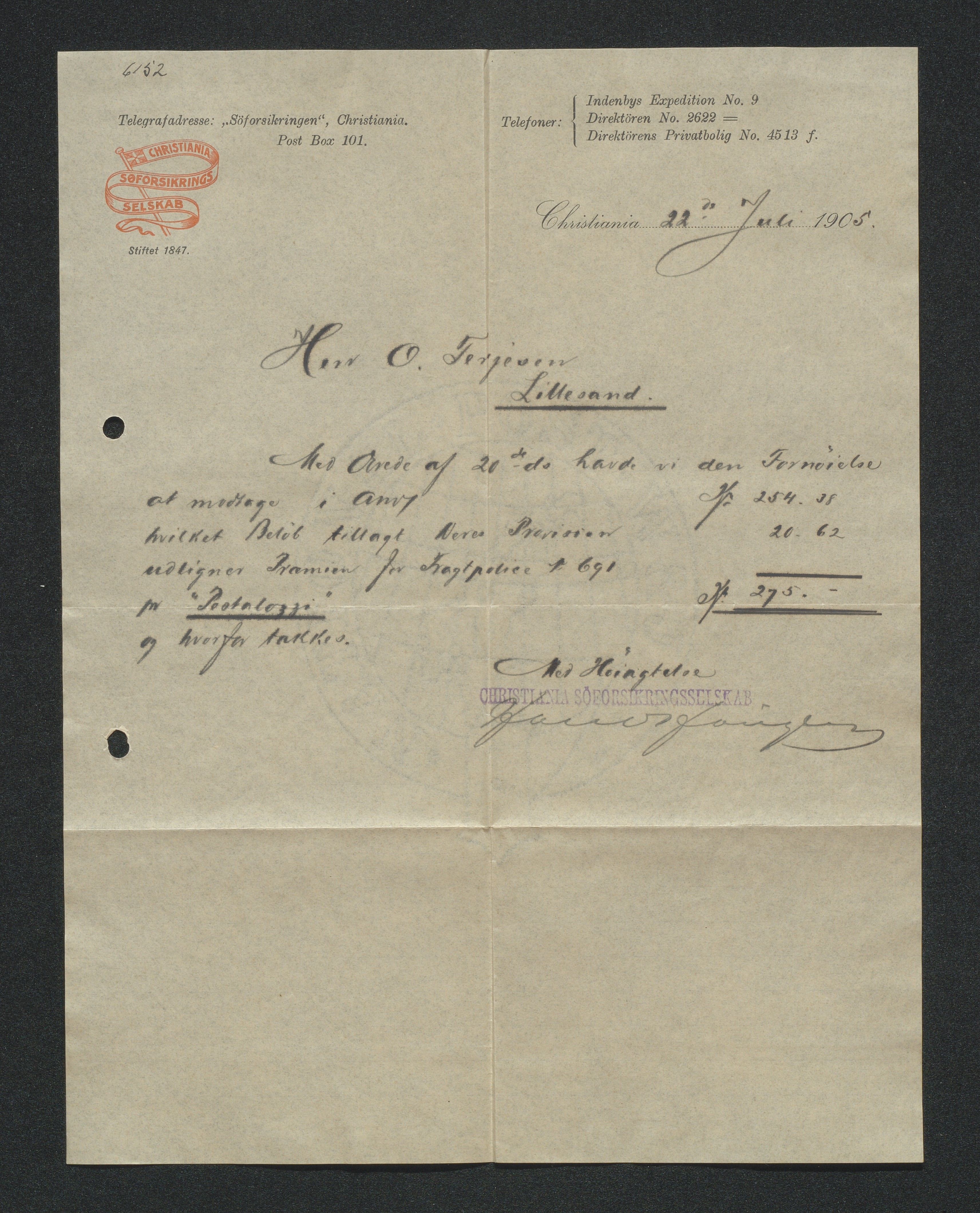 O. Terjesens rederi, AAKS/PA-2525/E/E01/L0013: Korrespondanse, 1904-1905