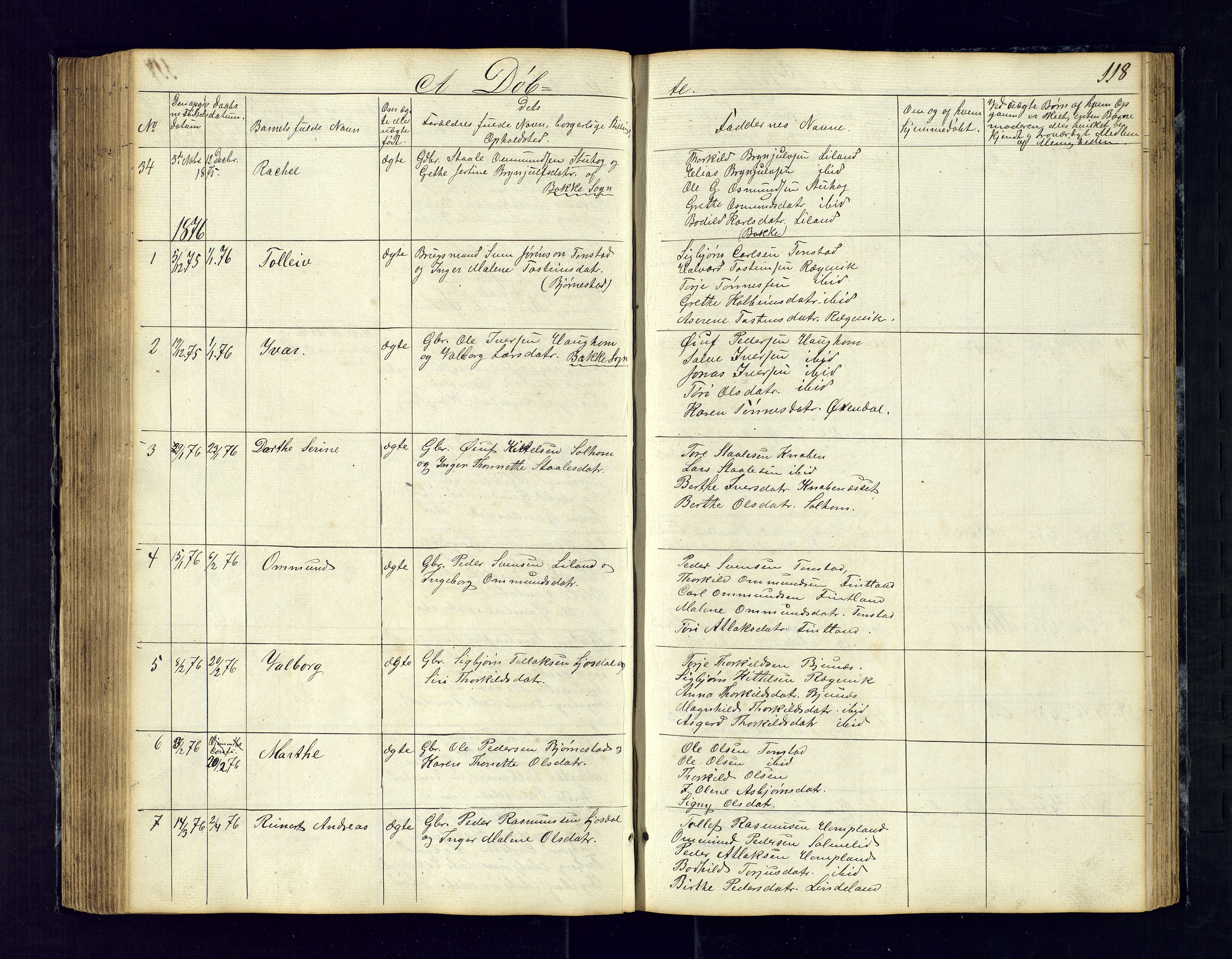 Sirdal sokneprestkontor, SAK/1111-0036/F/Fb/Fbb/L0002: Parish register (copy) no. B-2, 1848-1878, p. 118