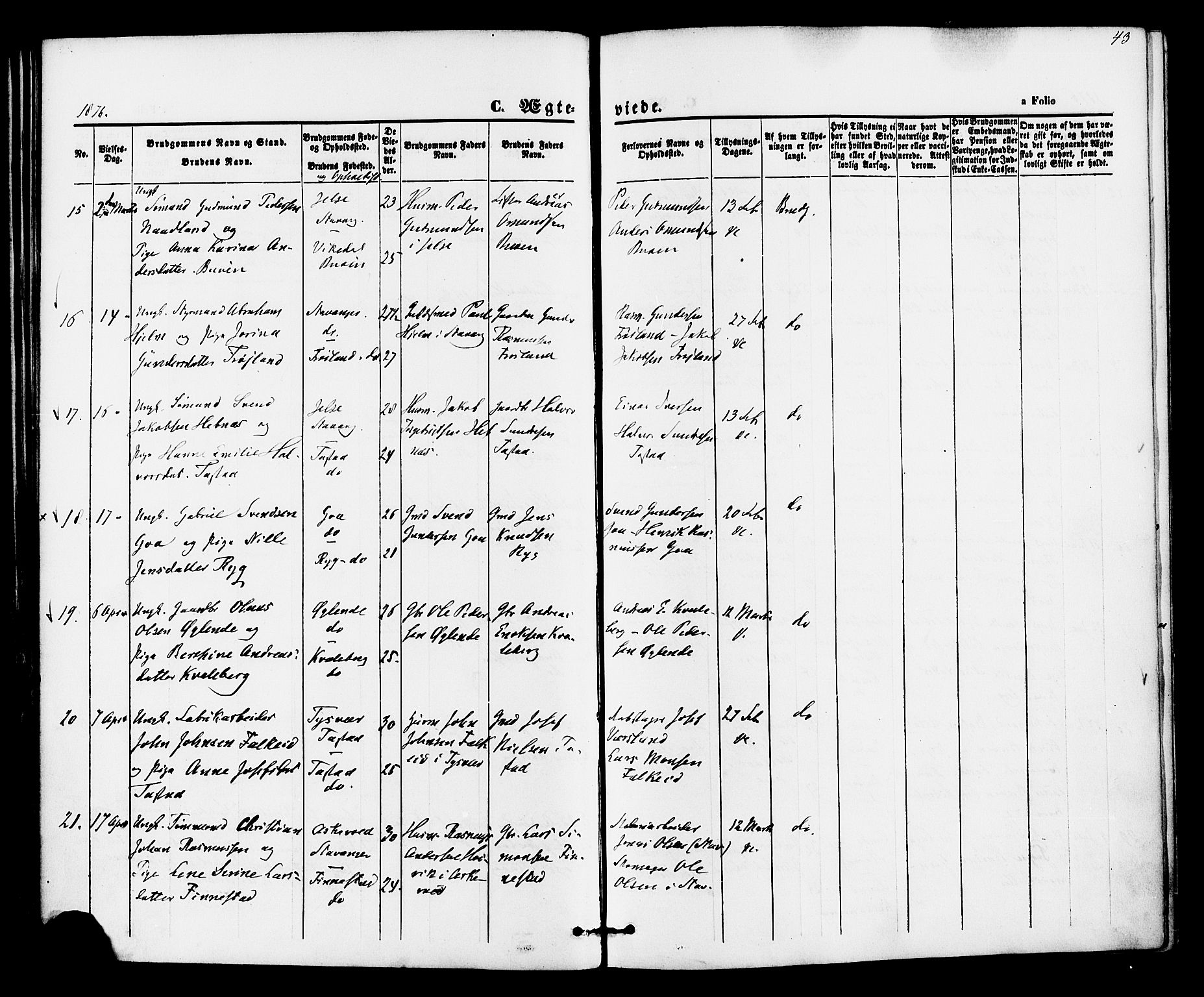 Hetland sokneprestkontor, AV/SAST-A-101826/30/30BA/L0005: Parish register (official) no. A 5, 1869-1884, p. 43