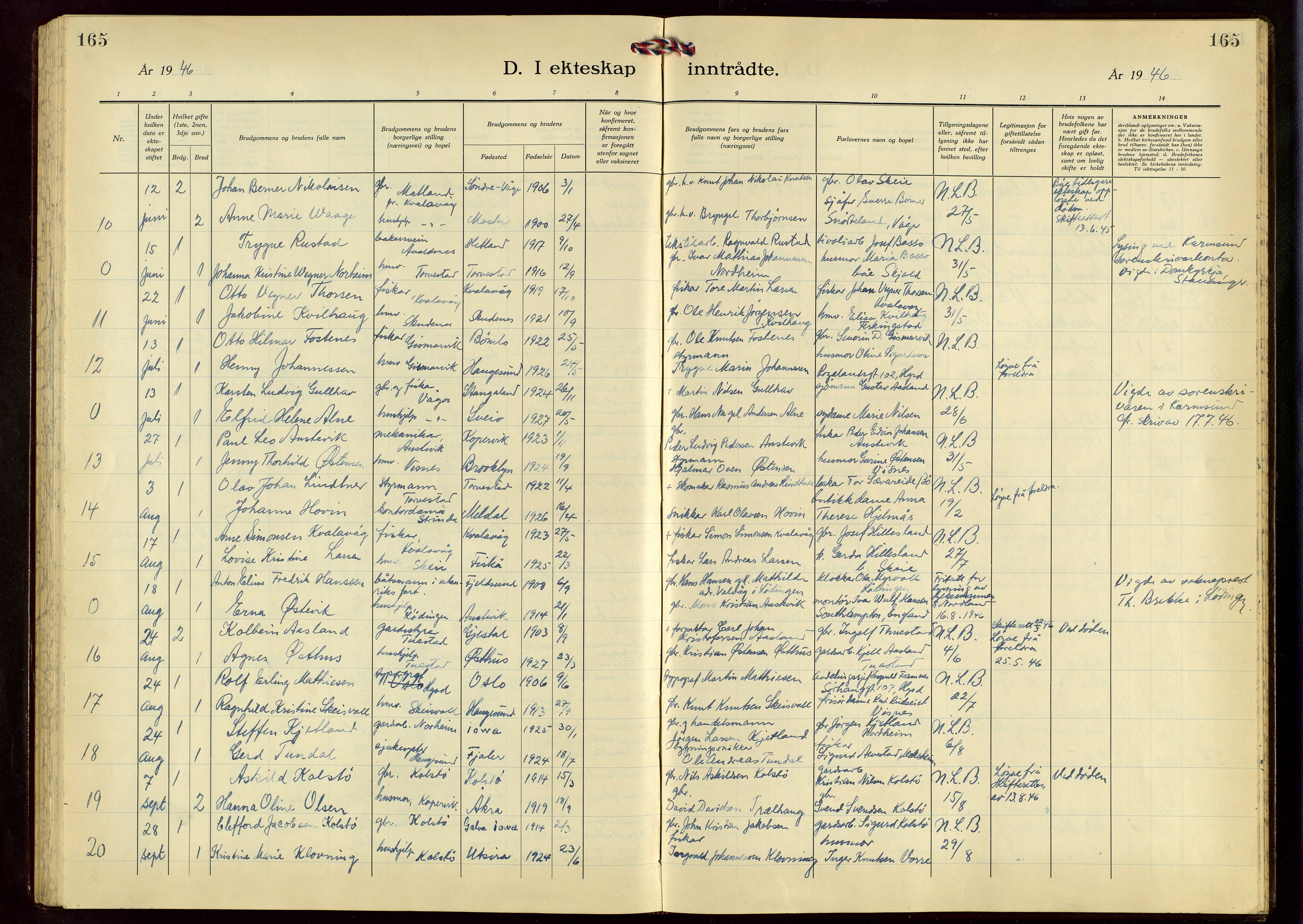 Avaldsnes sokneprestkontor, AV/SAST-A -101851/H/Ha/Hab/L0009: Parish register (copy) no. B 9, 1940-1958, p. 165