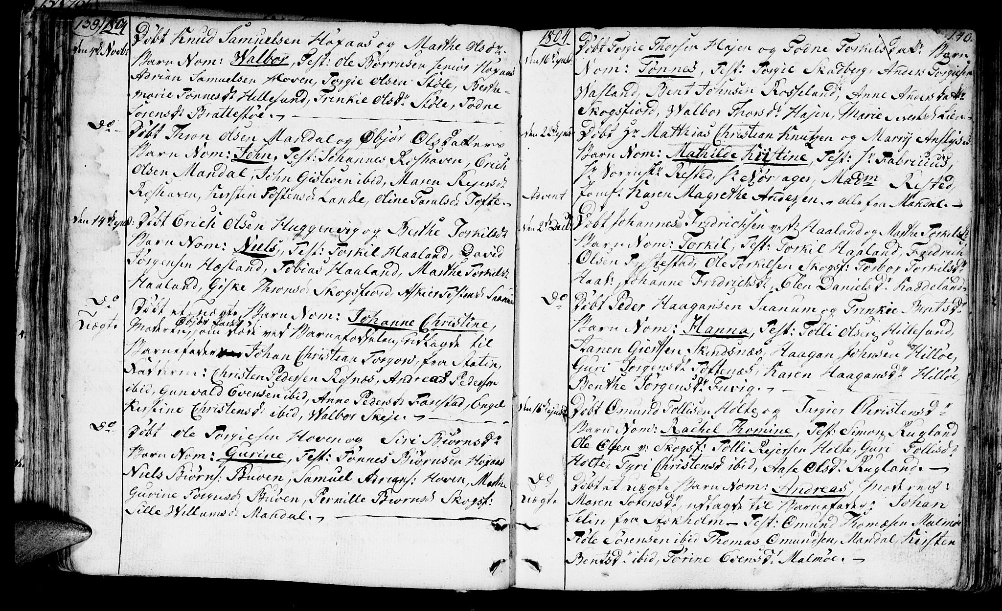 Mandal sokneprestkontor, SAK/1111-0030/F/Fa/Faa/L0008: Parish register (official) no. A 8, 1794-1817, p. 139-140