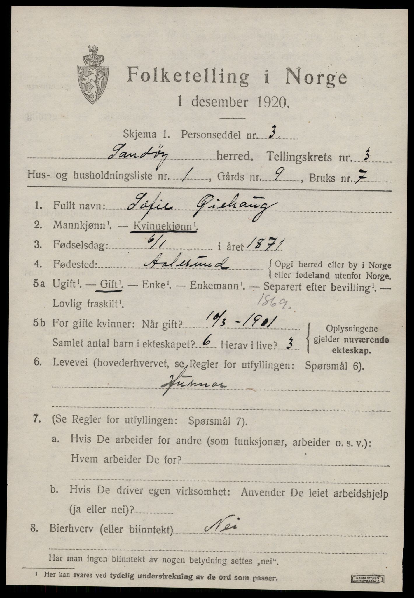 SAT, 1920 census for Sandøy, 1920, p. 1066