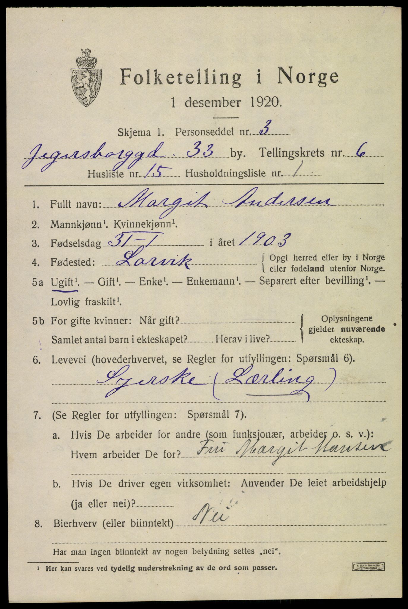 SAKO, 1920 census for Larvik, 1920, p. 18250
