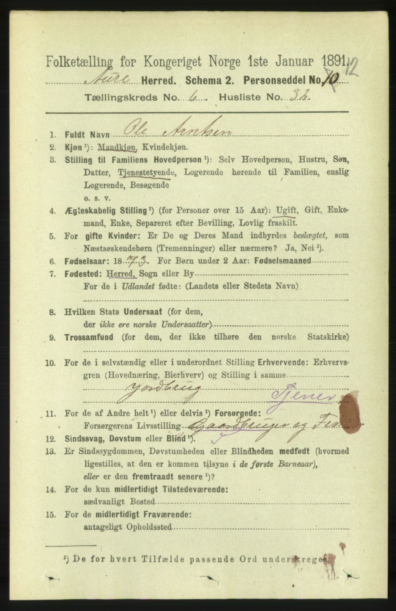 RA, 1891 census for 1569 Aure, 1891, p. 3569