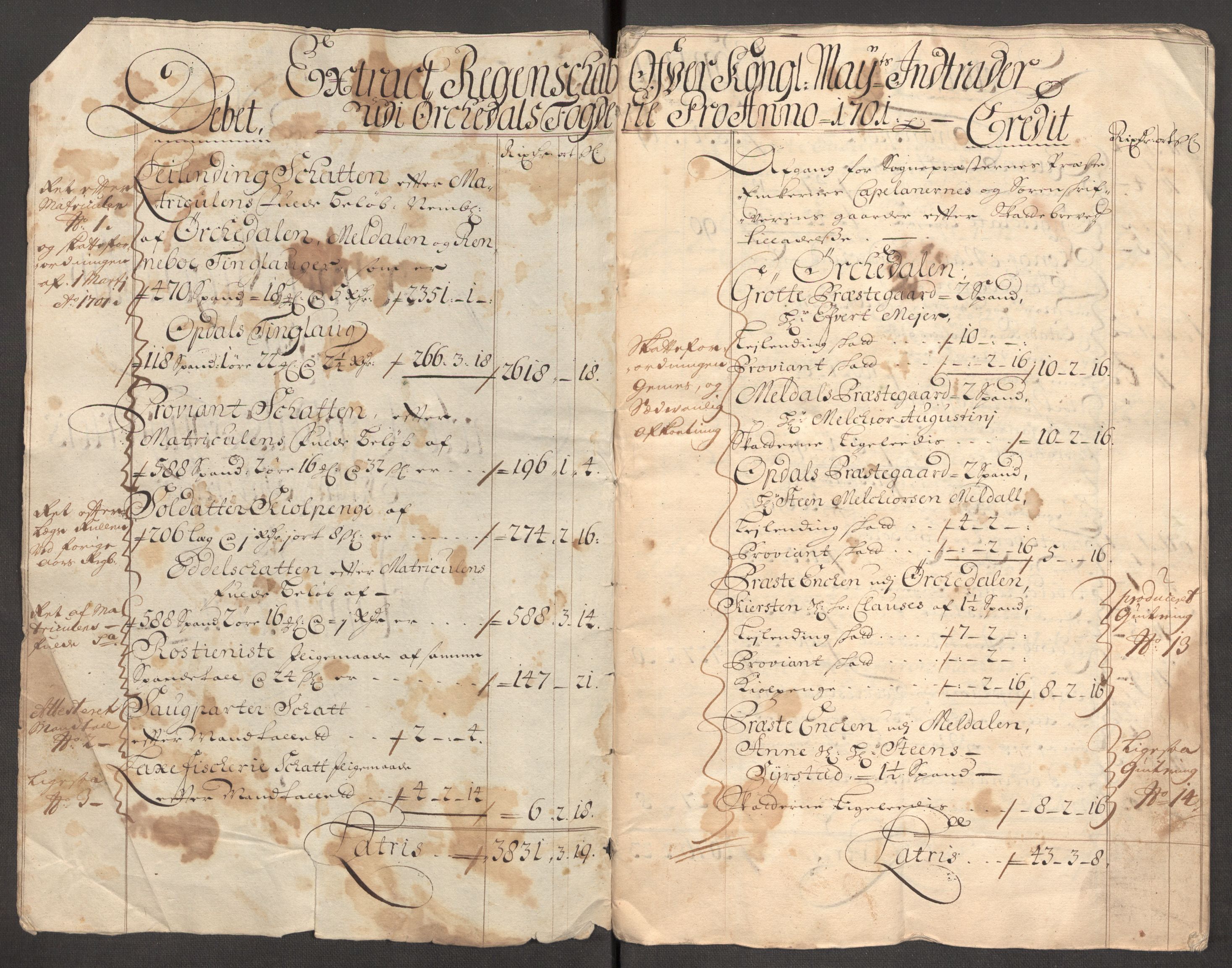 Rentekammeret inntil 1814, Reviderte regnskaper, Fogderegnskap, RA/EA-4092/R60/L3951: Fogderegnskap Orkdal og Gauldal, 1701, p. 5