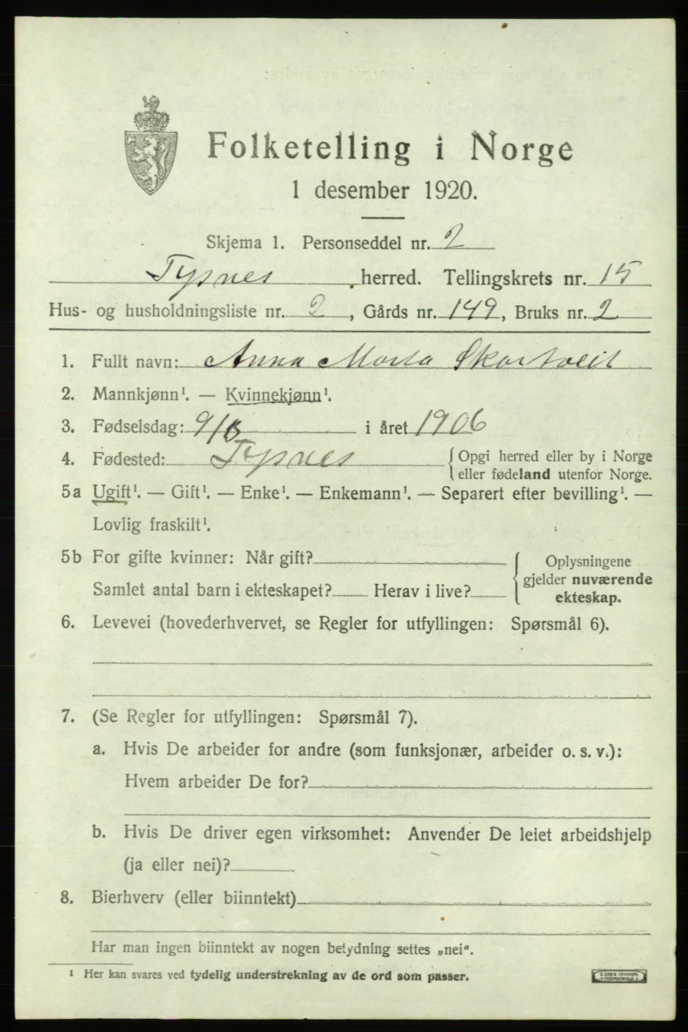 SAB, 1920 census for Tysnes, 1920, p. 9946