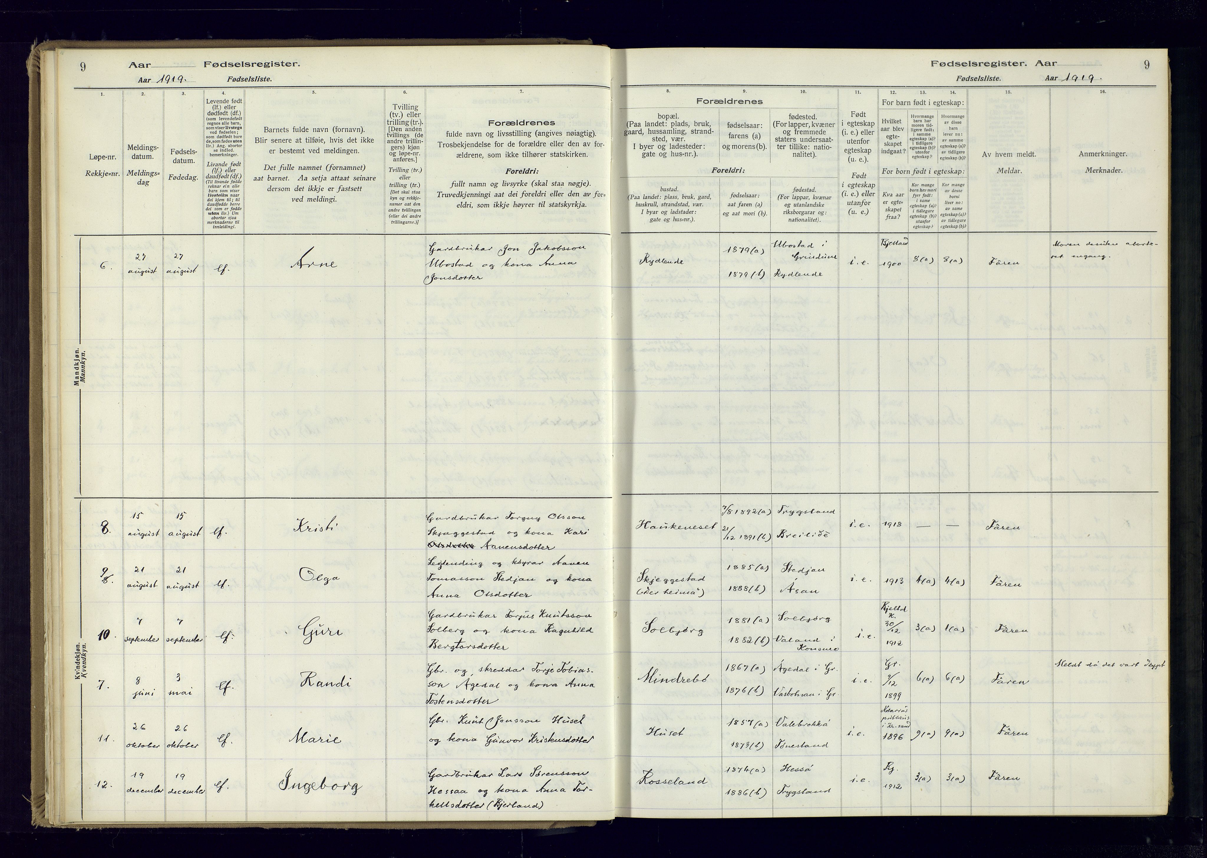 Bjelland sokneprestkontor, AV/SAK-1111-0005/J/Ja/L0001: Birth register no. II.4.2, 1916-1982, p. 9