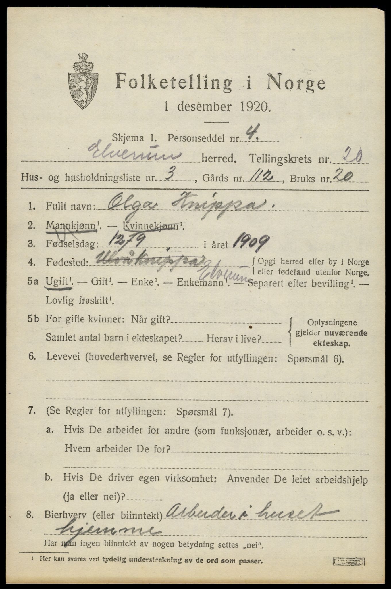 SAH, 1920 census for Elverum, 1920, p. 23310