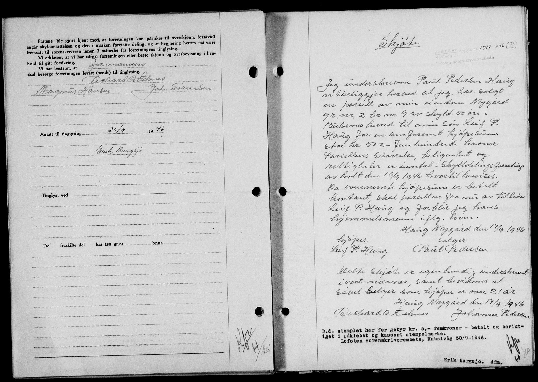 Lofoten sorenskriveri, SAT/A-0017/1/2/2C/L0014a: Mortgage book no. 14a, 1946-1946, Diary no: : 1344/1946