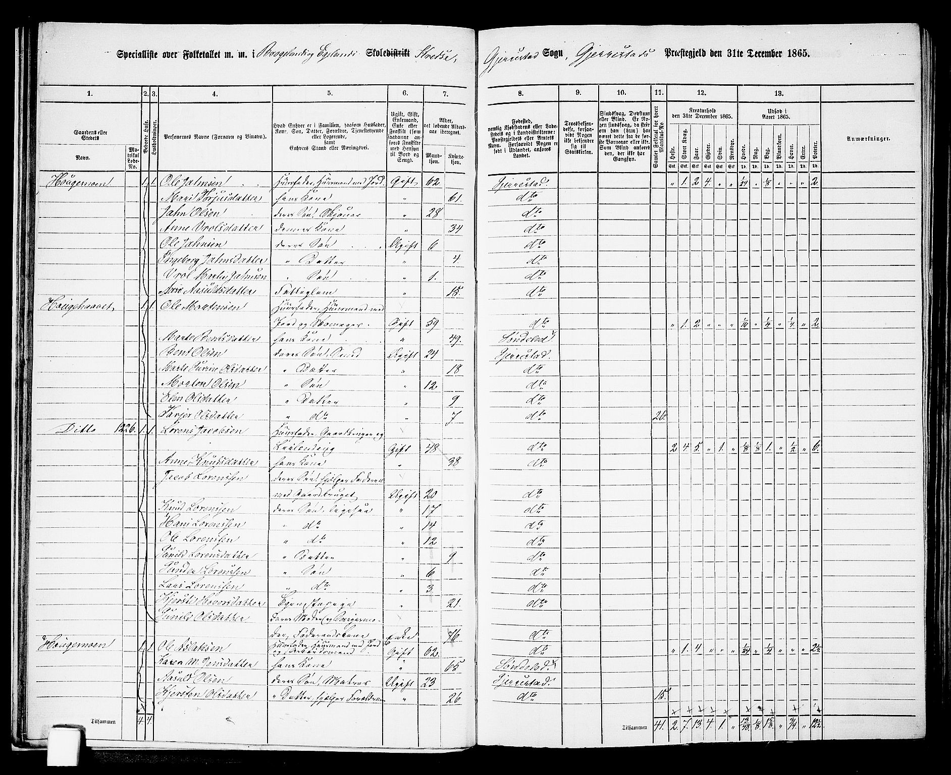 RA, 1865 census for Gjerstad, 1865, p. 16