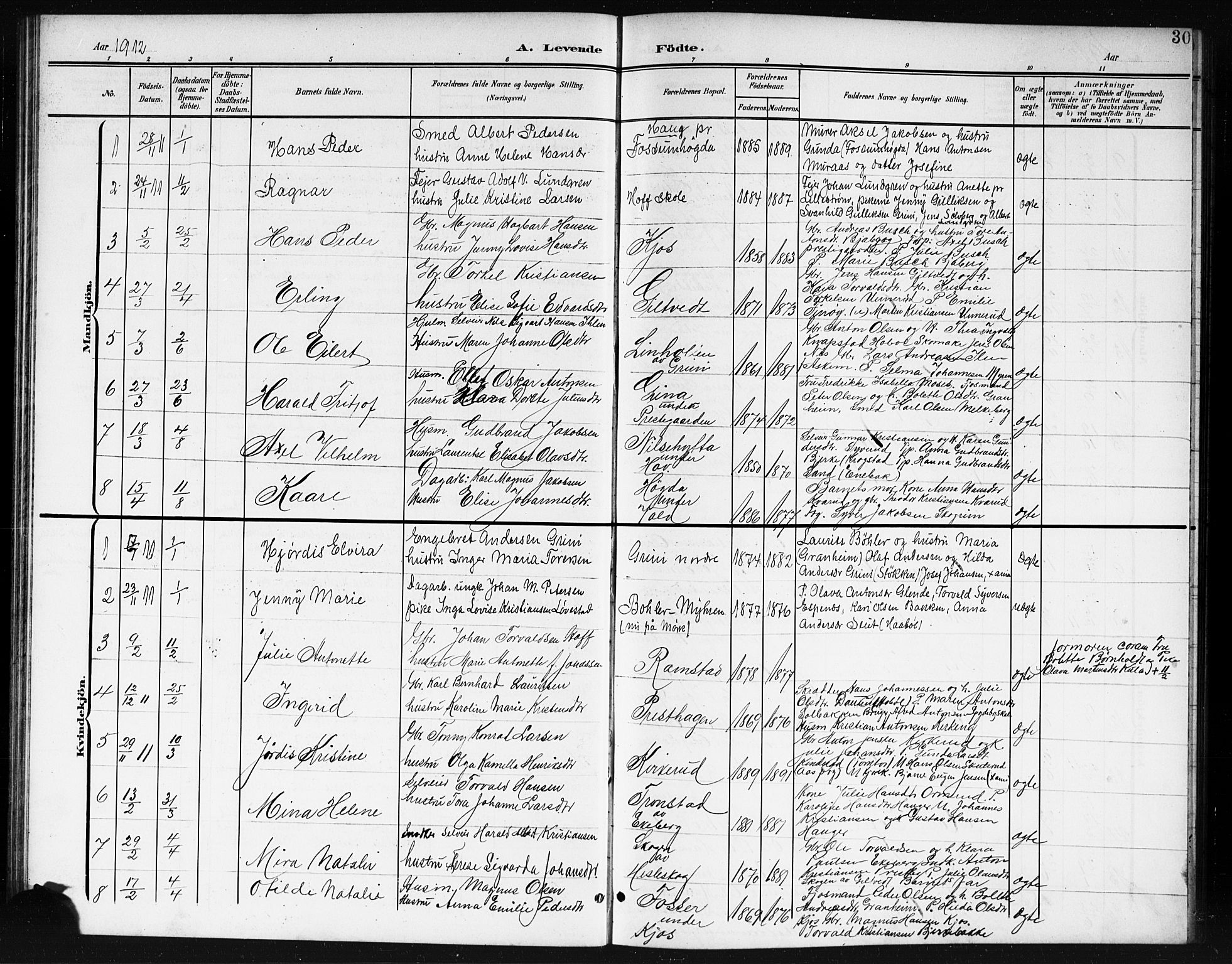 Spydeberg prestekontor Kirkebøker, AV/SAO-A-10924/G/Ga/L0002: Parish register (copy) no. I 2, 1901-1922, p. 30