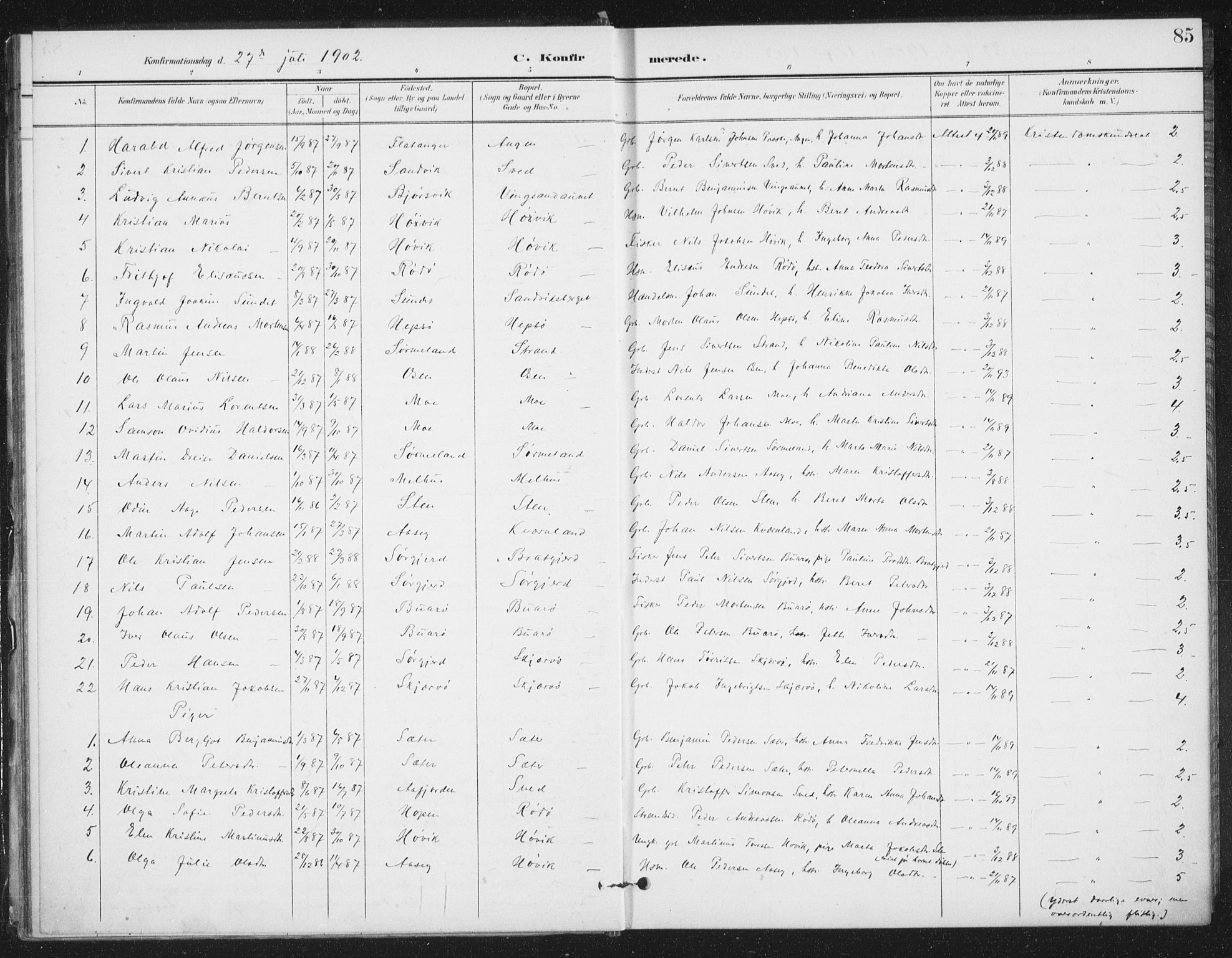 Ministerialprotokoller, klokkerbøker og fødselsregistre - Sør-Trøndelag, SAT/A-1456/658/L0723: Parish register (official) no. 658A02, 1897-1912, p. 85