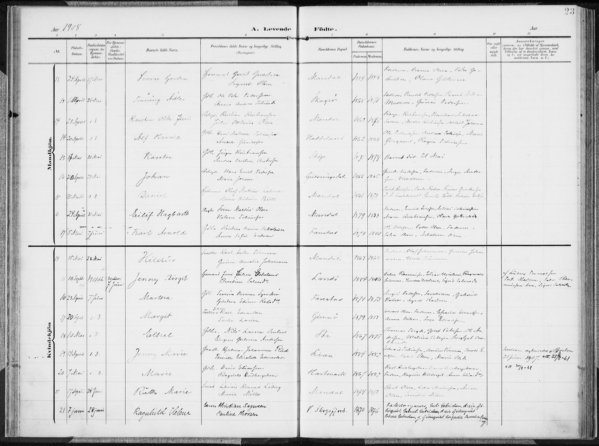 Mandal sokneprestkontor, AV/SAK-1111-0030/F/Fa/Faa/L0020: Parish register (official) no. A 20, 1906-1912, p. 23