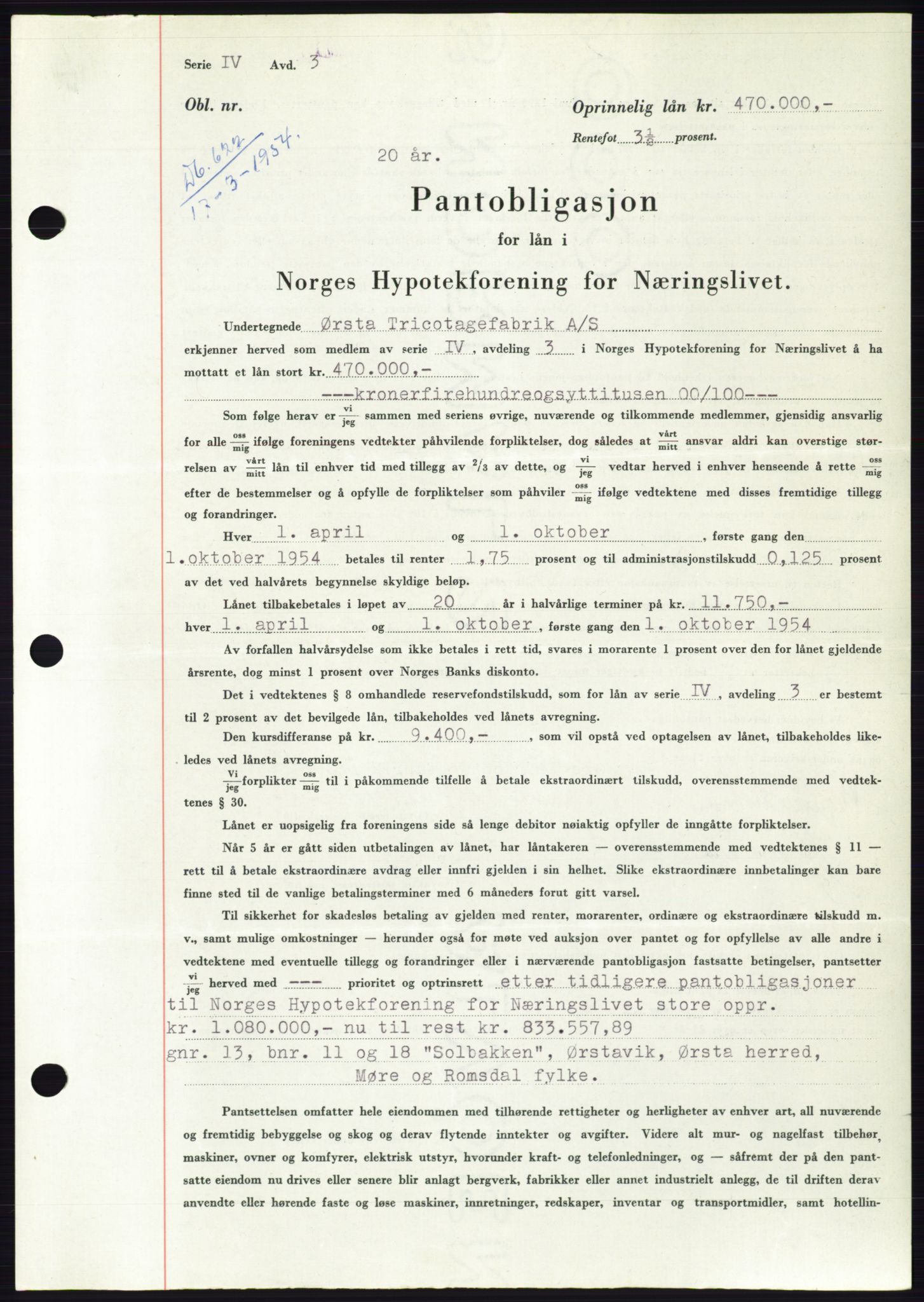 Søre Sunnmøre sorenskriveri, AV/SAT-A-4122/1/2/2C/L0124: Mortgage book no. 12B, 1953-1954, Diary no: : 622/1954