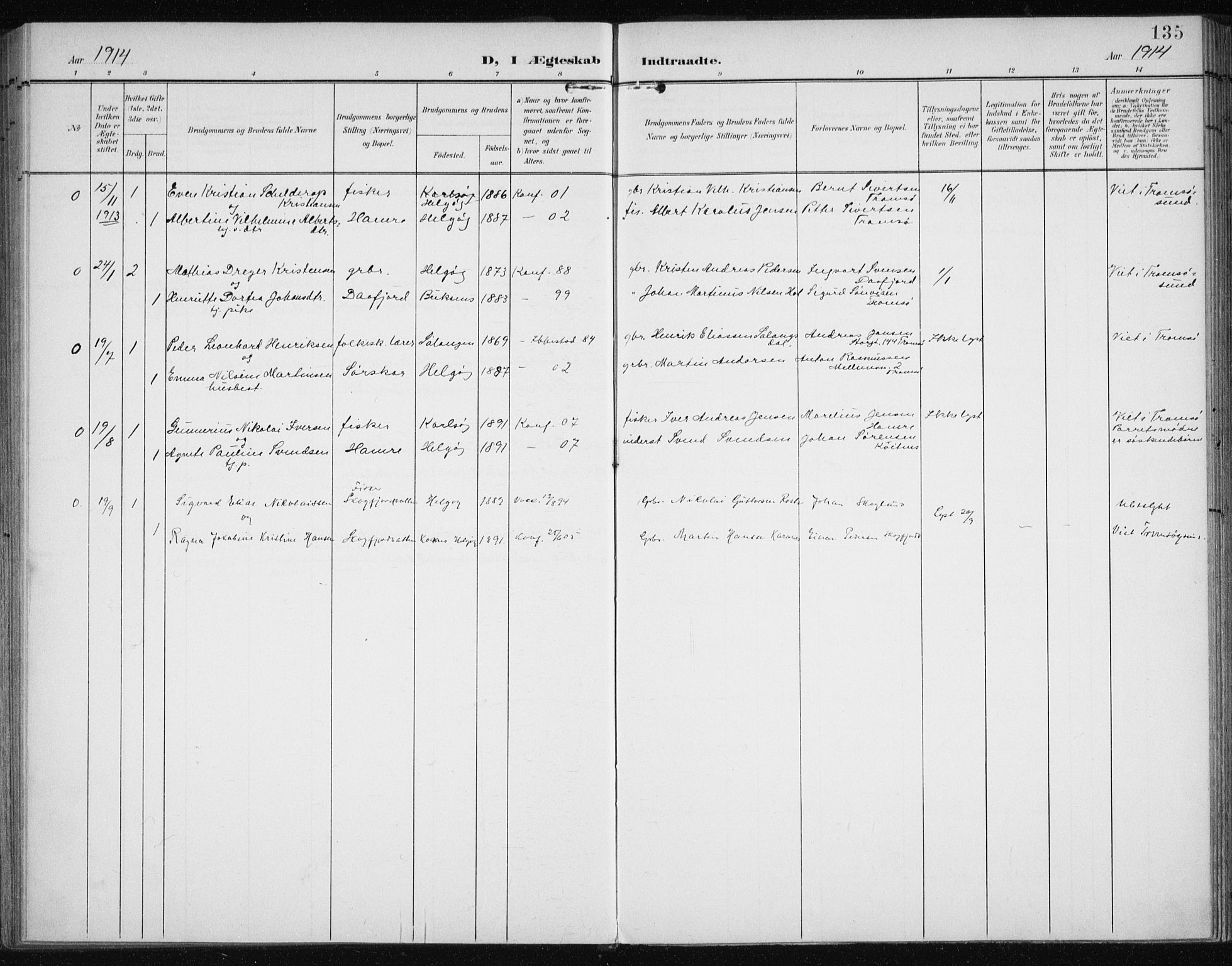 Karlsøy sokneprestembete, SATØ/S-1299/H/Ha/Haa/L0013kirke: Parish register (official) no. 13, 1902-1916, p. 135