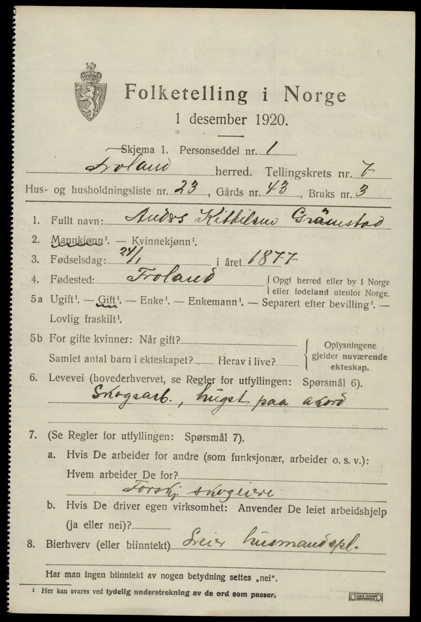 SAK, 1920 census for Froland, 1920, p. 4567